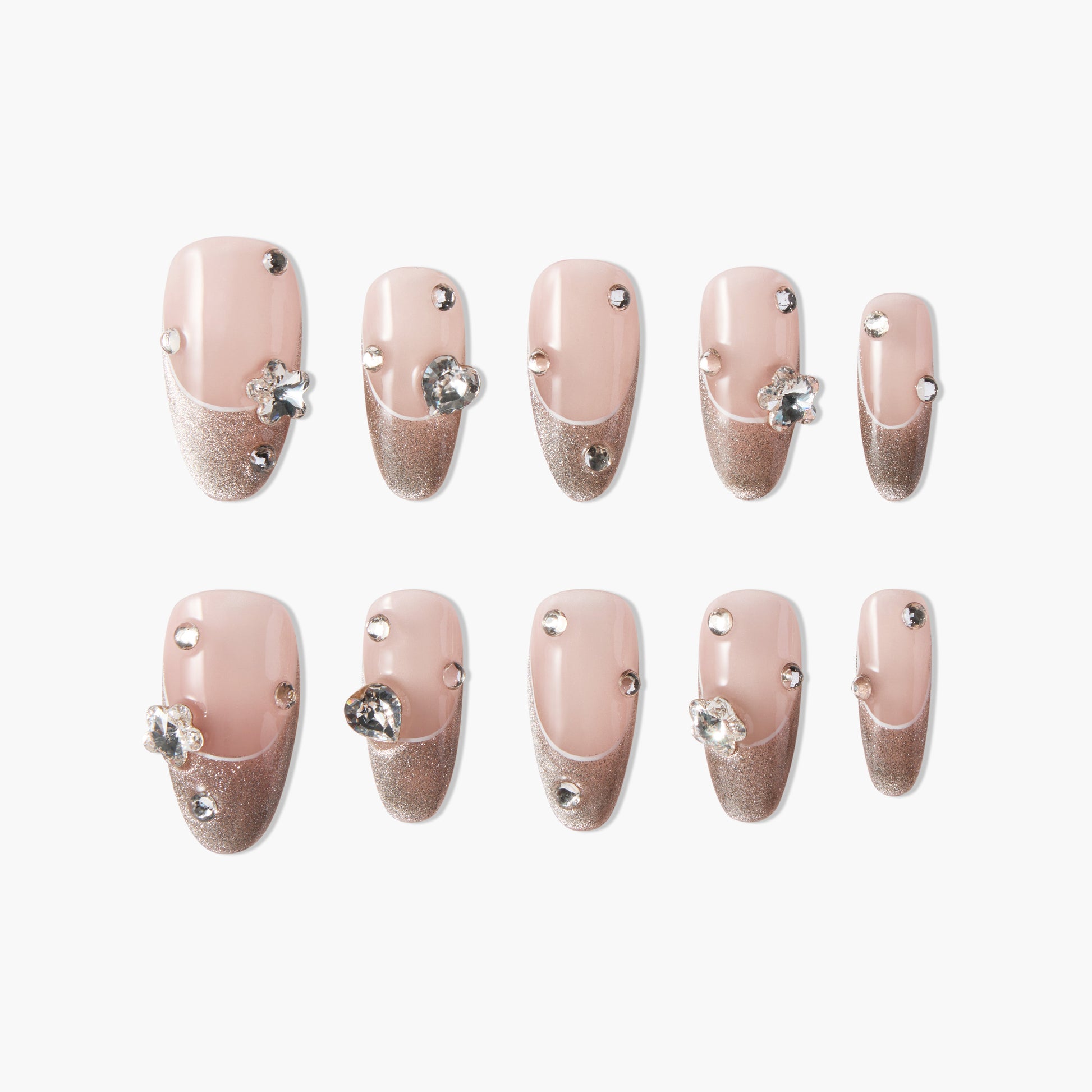 Set of pink and glitter press-on nails with rhinestone and floral 3D gems, stylish nail art