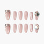 Set of nude pink press-on nails with sparkling rhinestone and floral decorations