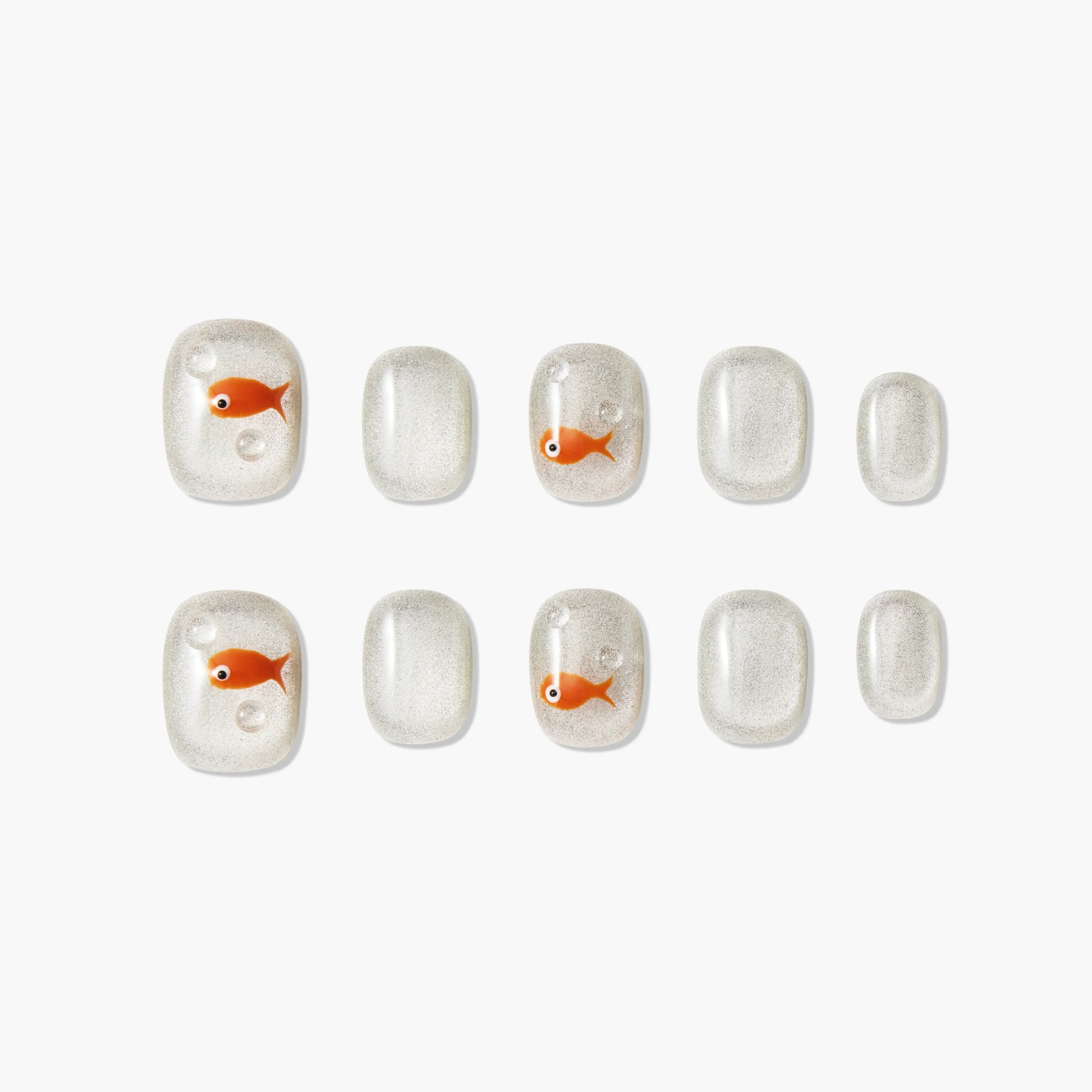 Handmade press-on nails with silver shimmer and cute orange goldfish design