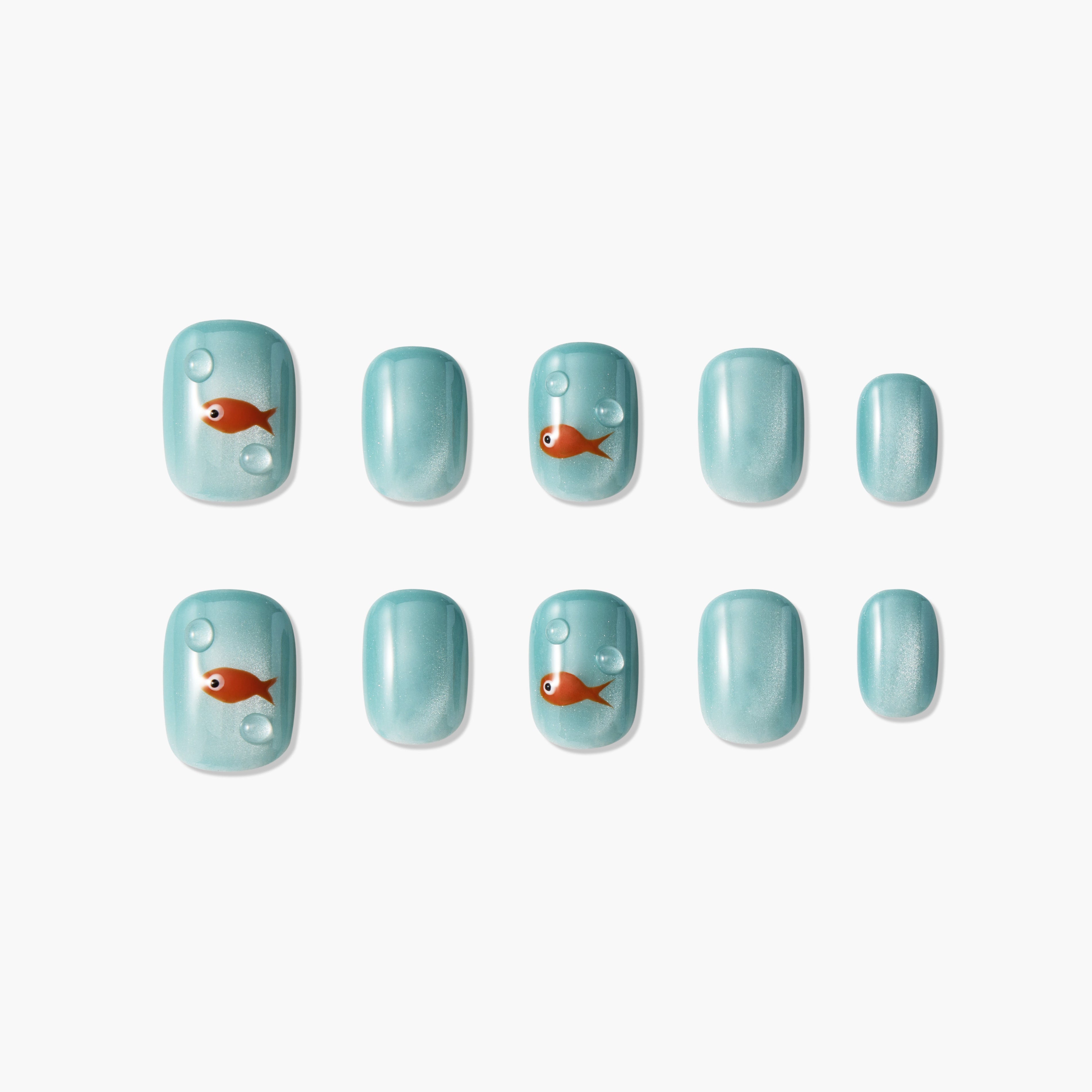 Aqua blue press-on nails with cute goldfish and bubble nail art design, set of ten.