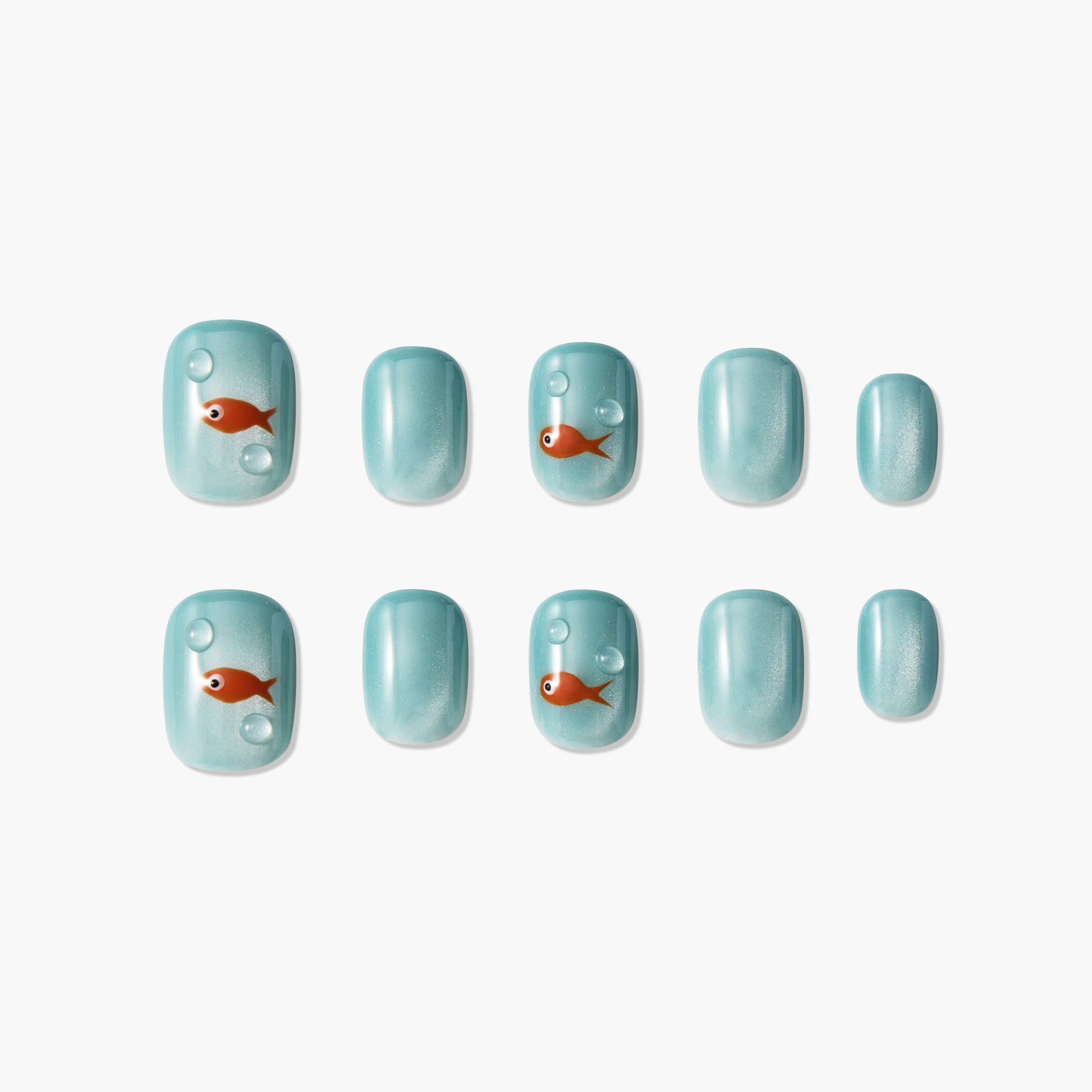 Aqua blue press-on nails with cute goldfish and bubble nail art design, set of ten.