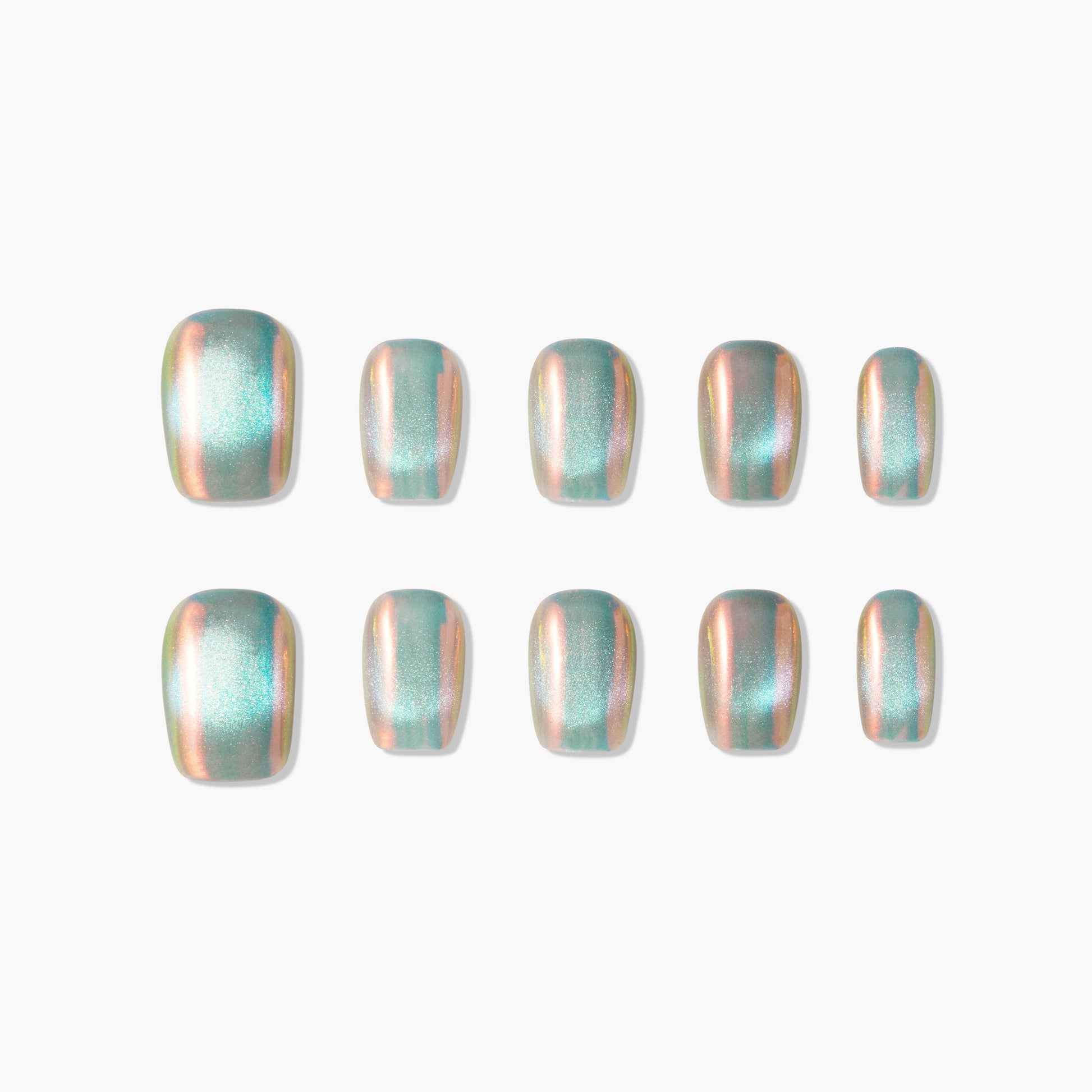 Shimmery green and peach iridescent press-on nails set on white background