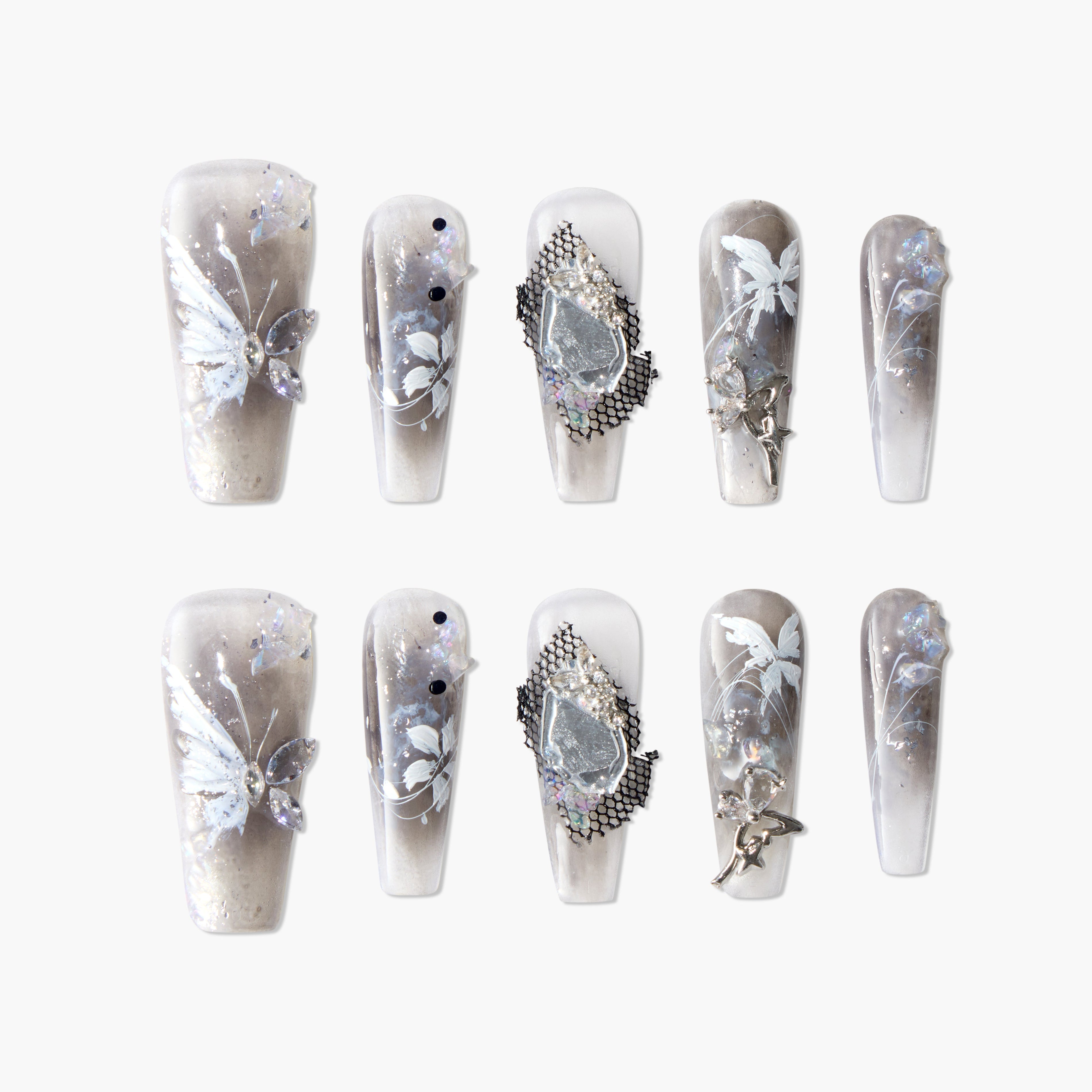 Handmade press-on nails with butterfly design, silver 3D gems, and iridescent accents