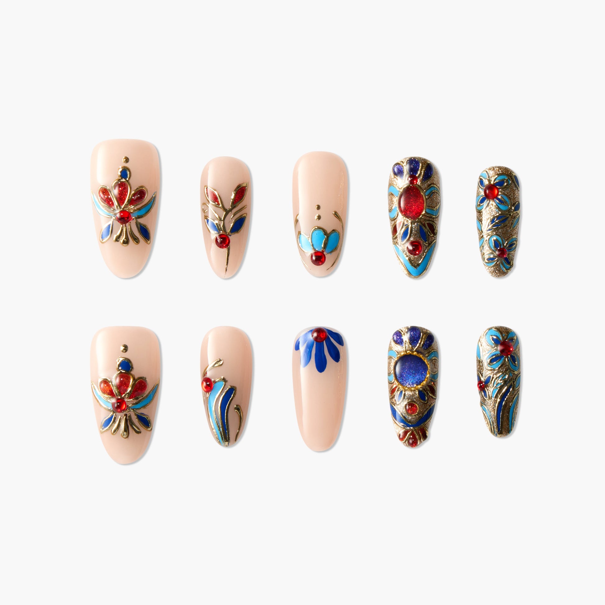 Handmade press-on nails with intricate red, blue, and gold floral designs on nude base.