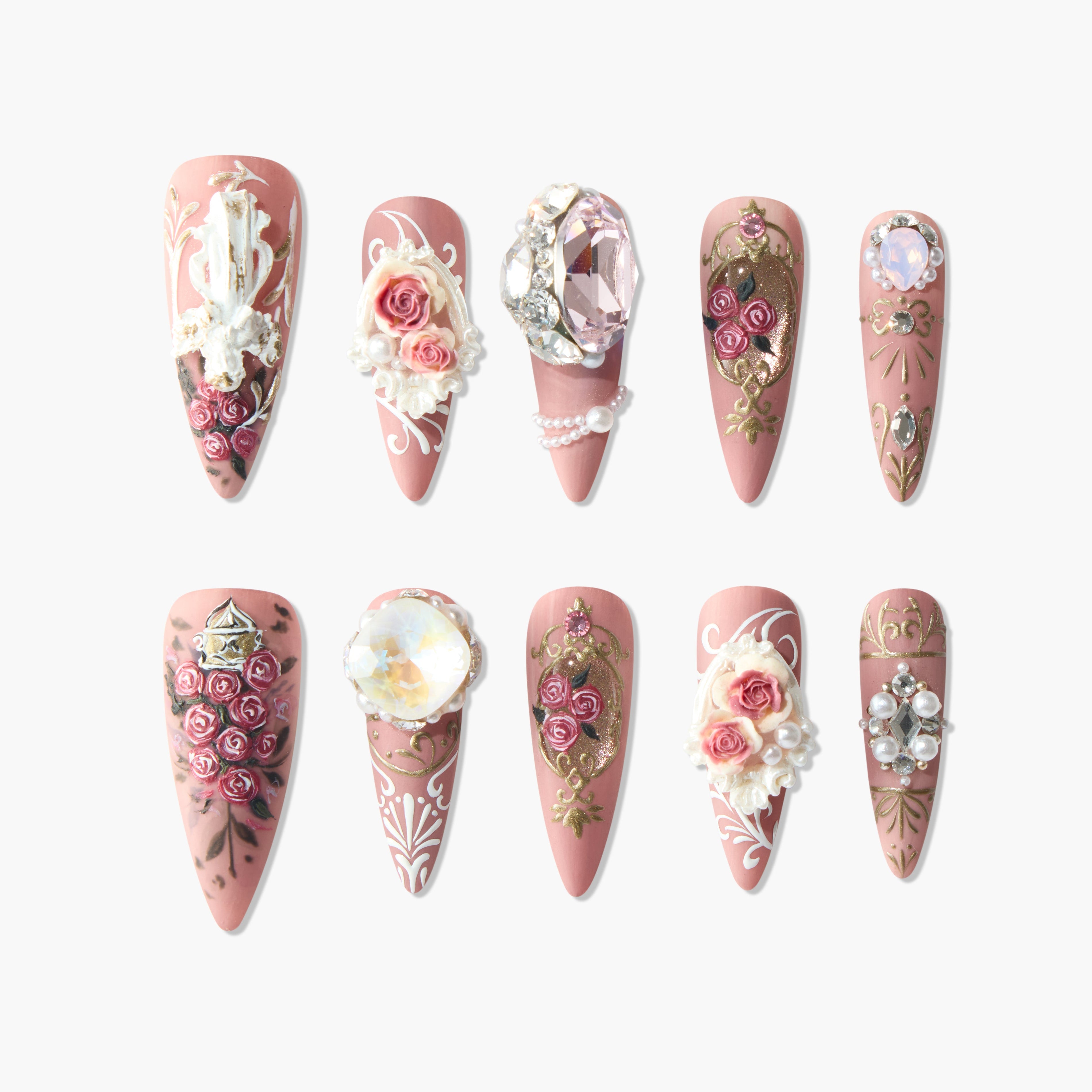 Handmade press-on nails with pink base, 3D rose designs, pearls, and gold embellishments