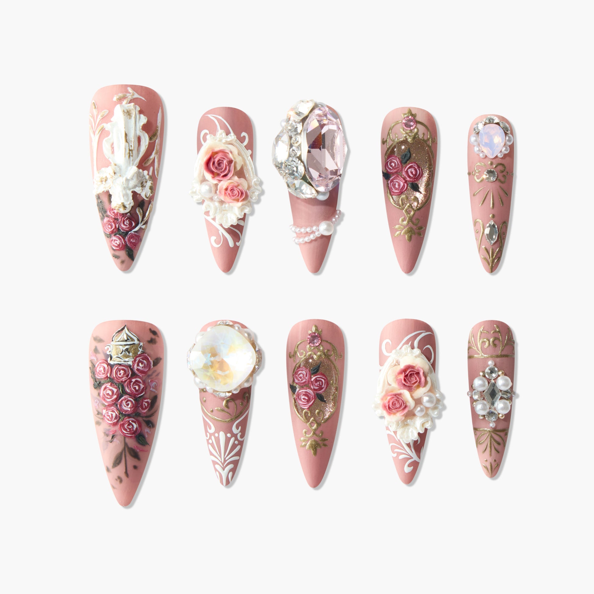 Handmade press-on nails with pink base, 3D rose designs, pearls, and gold embellishments