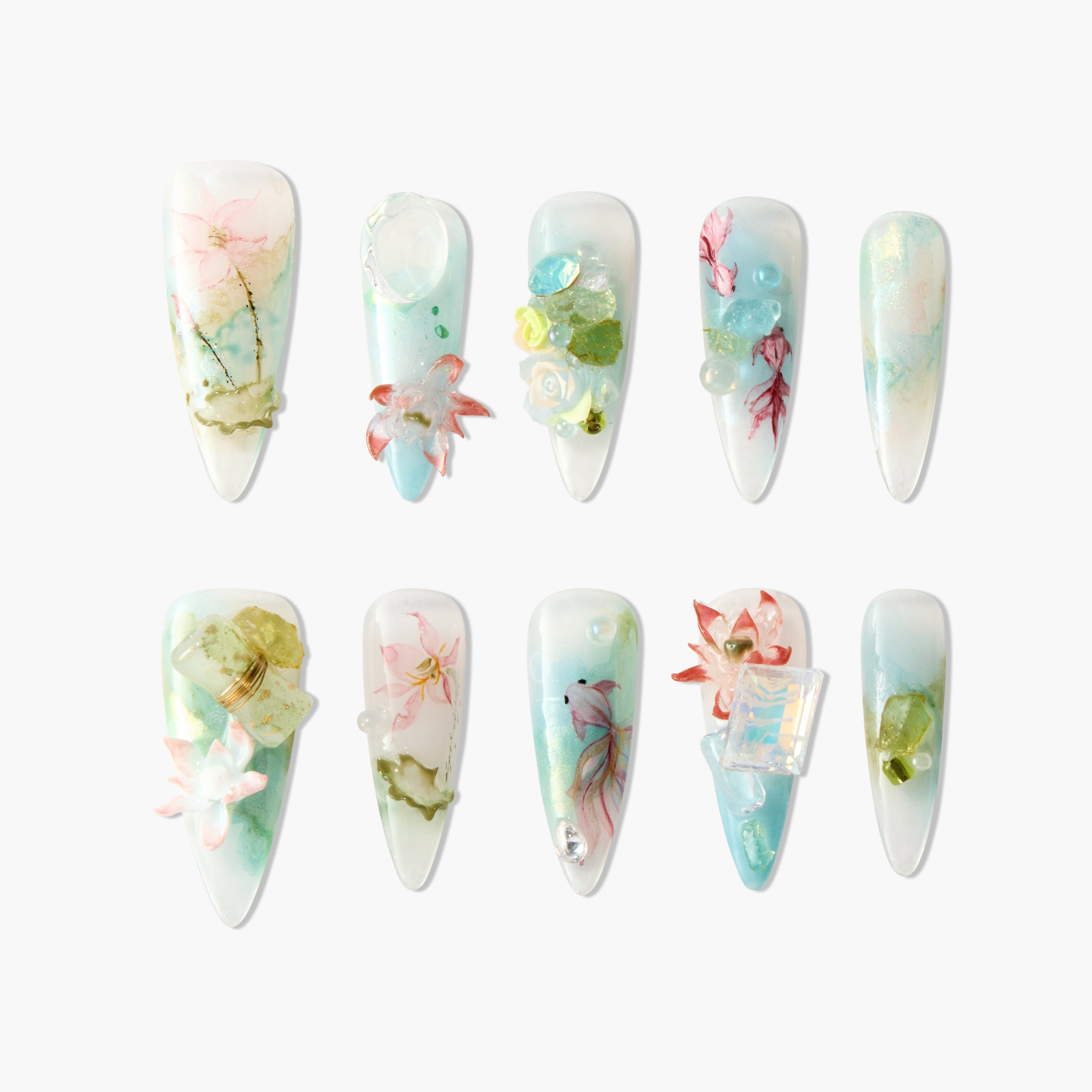 Handmade press-on nails with pastel floral designs, 3D accents, and aquatic-inspired art.