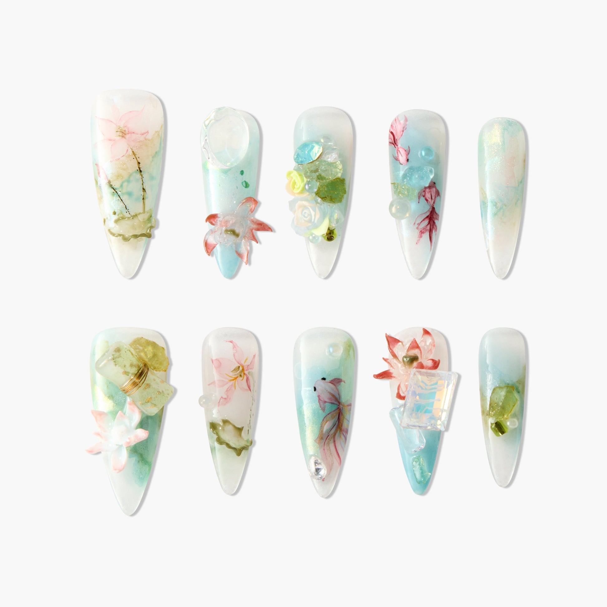 Handmade press-on nails with pastel floral designs, 3D accents, and aquatic-inspired art.