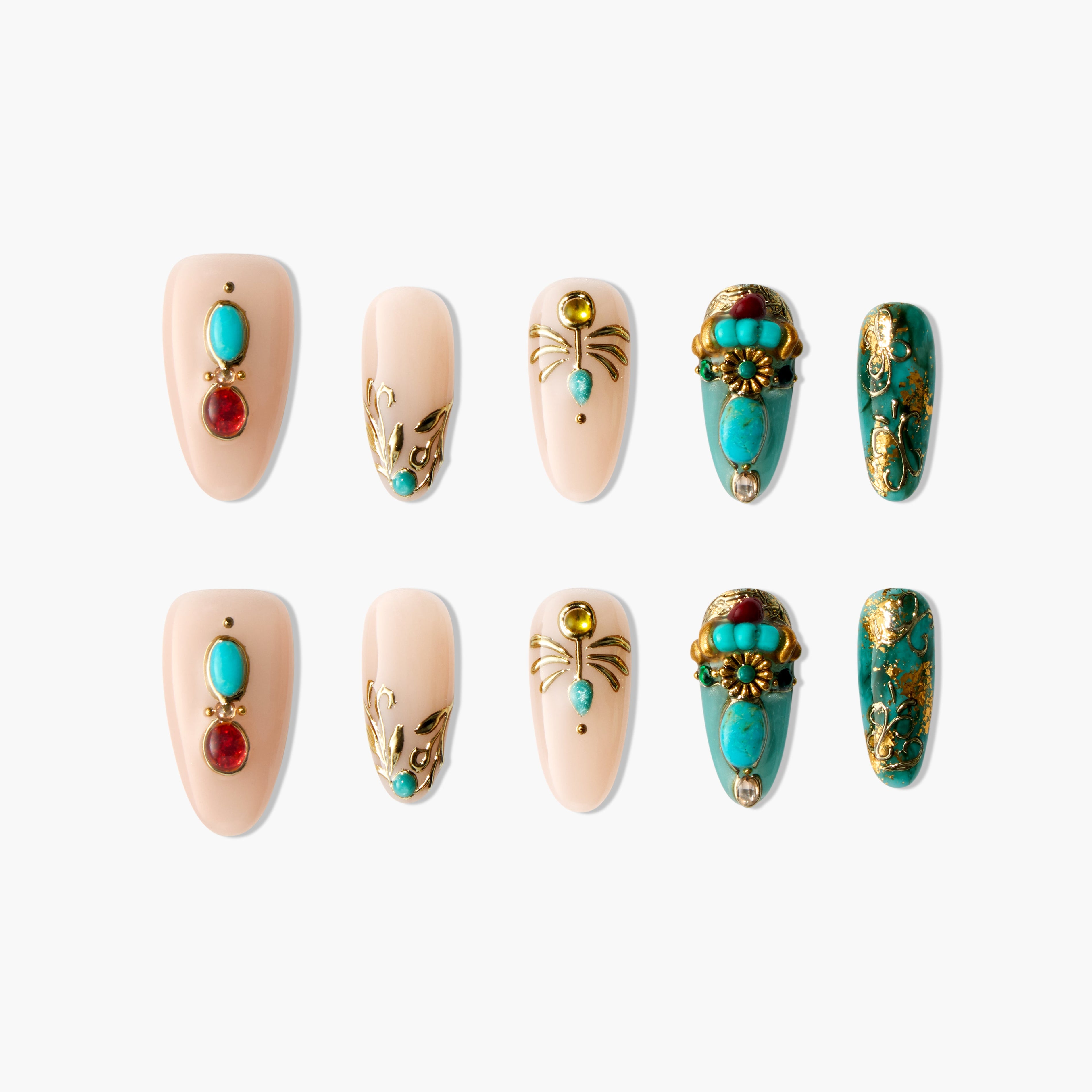 Handmade press-on nails with turquoise, gold, and red gemstone accents, ornate designs