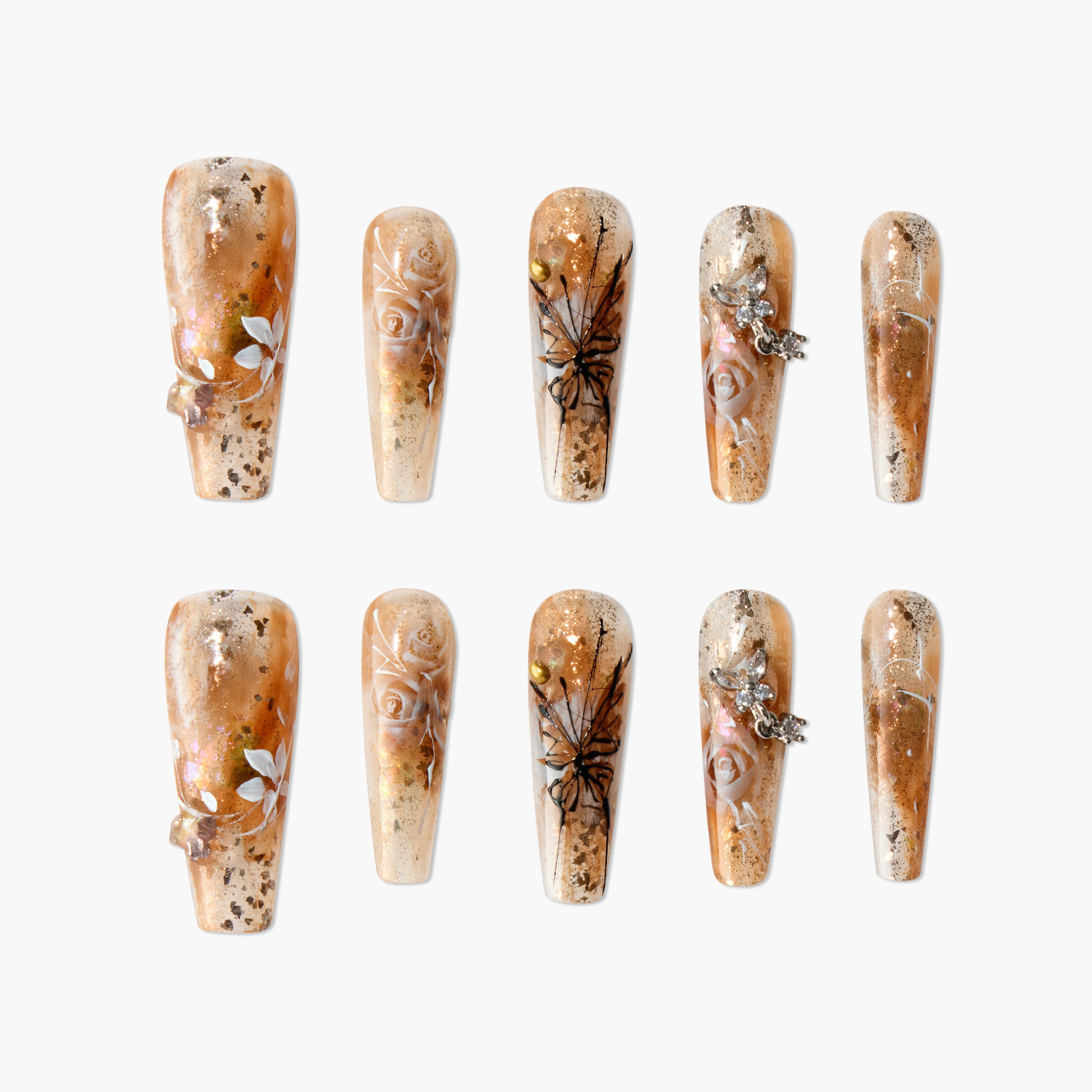 Handmade press-on nails with brown marbled design, gold flecks, 3D floral and butterfly accents.