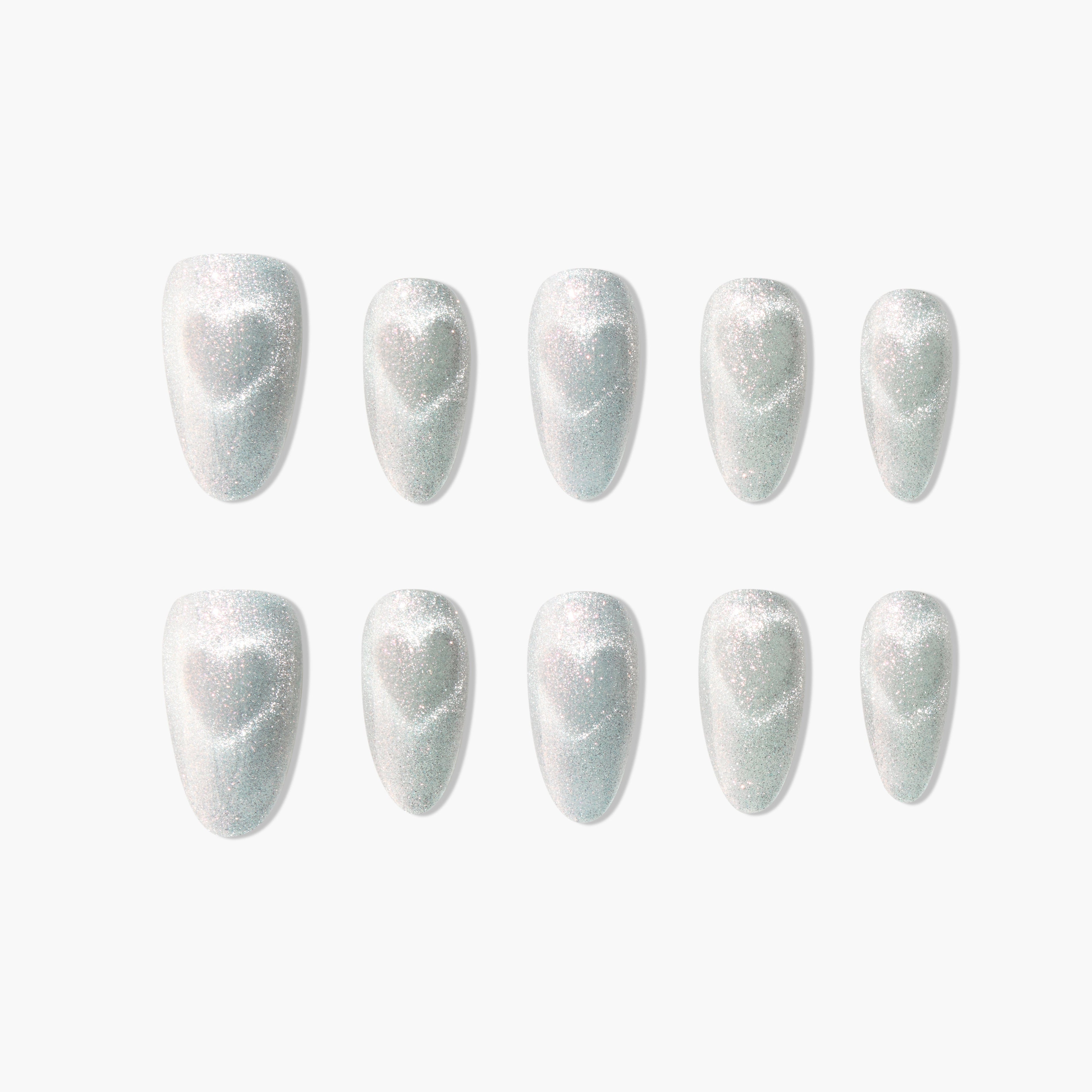 Set of white iridescent press-on nails with subtle heart-shaped shimmer design