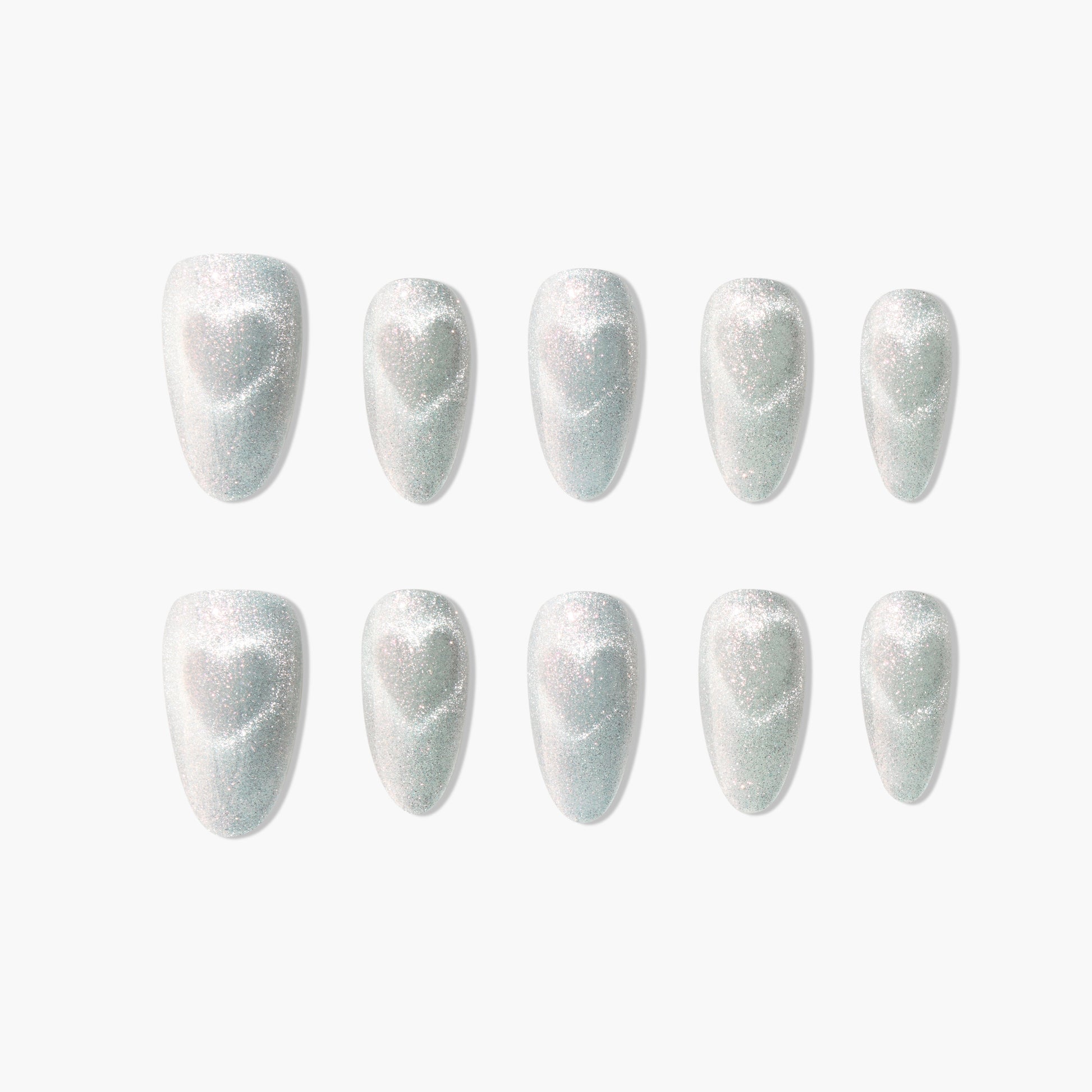 Set of white iridescent press-on nails with subtle heart-shaped shimmer design