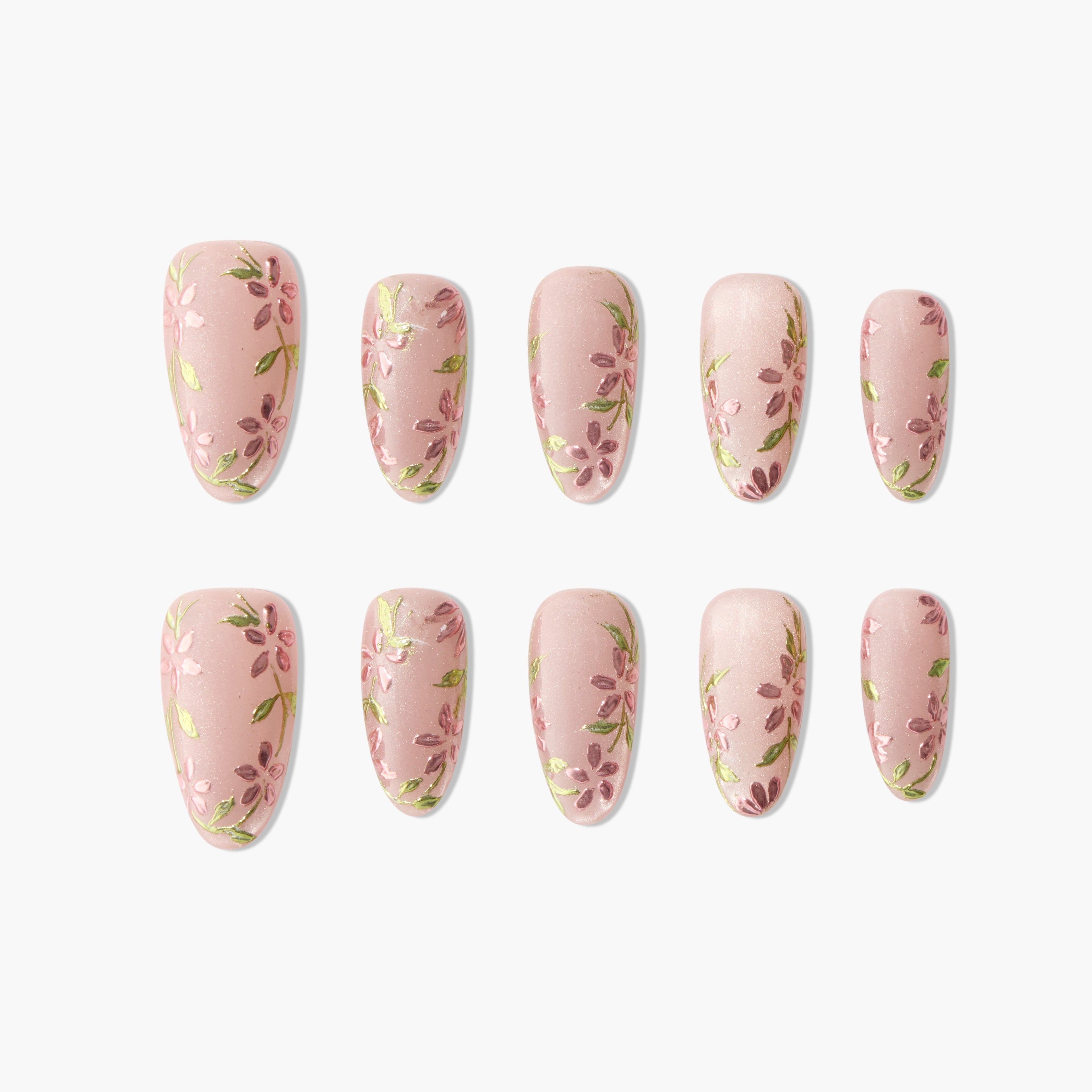 Handmade press-on nails with pink floral design and green leaves on a nude base