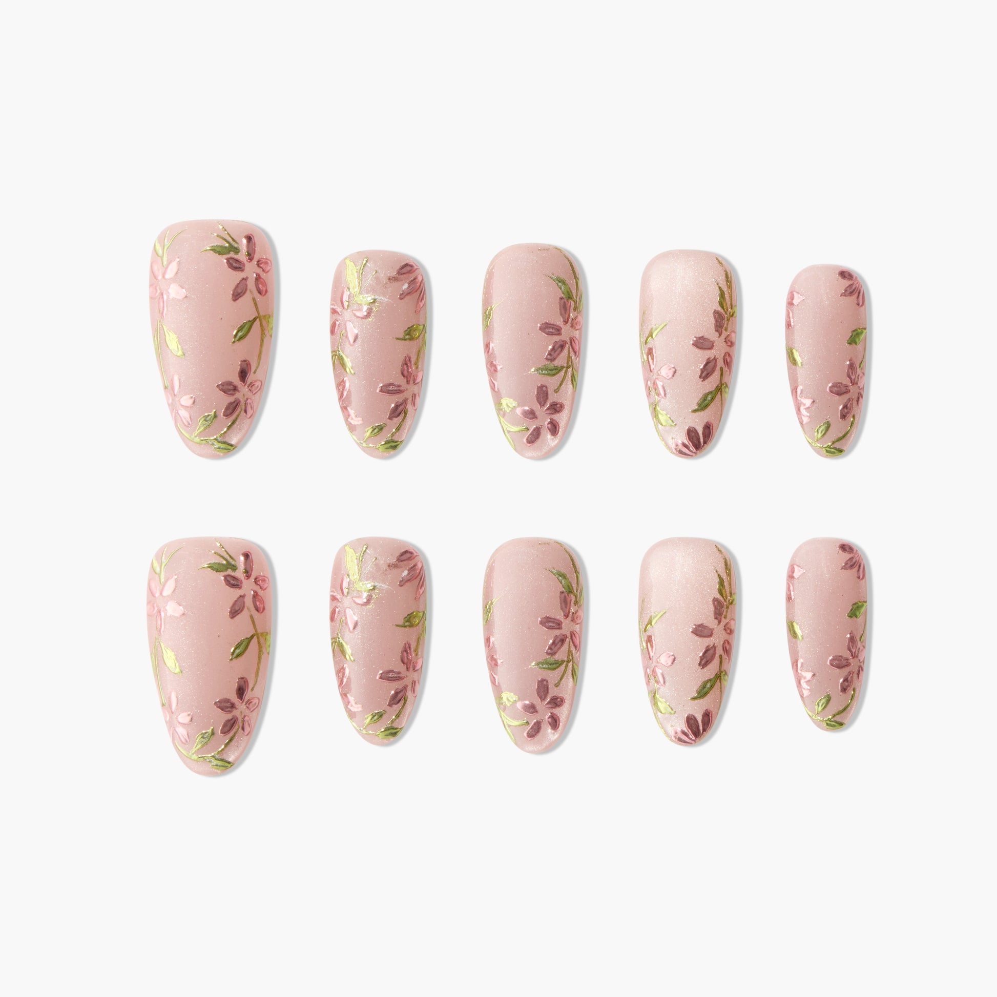 Handmade press-on nails with pink floral design and green leaves on a nude base