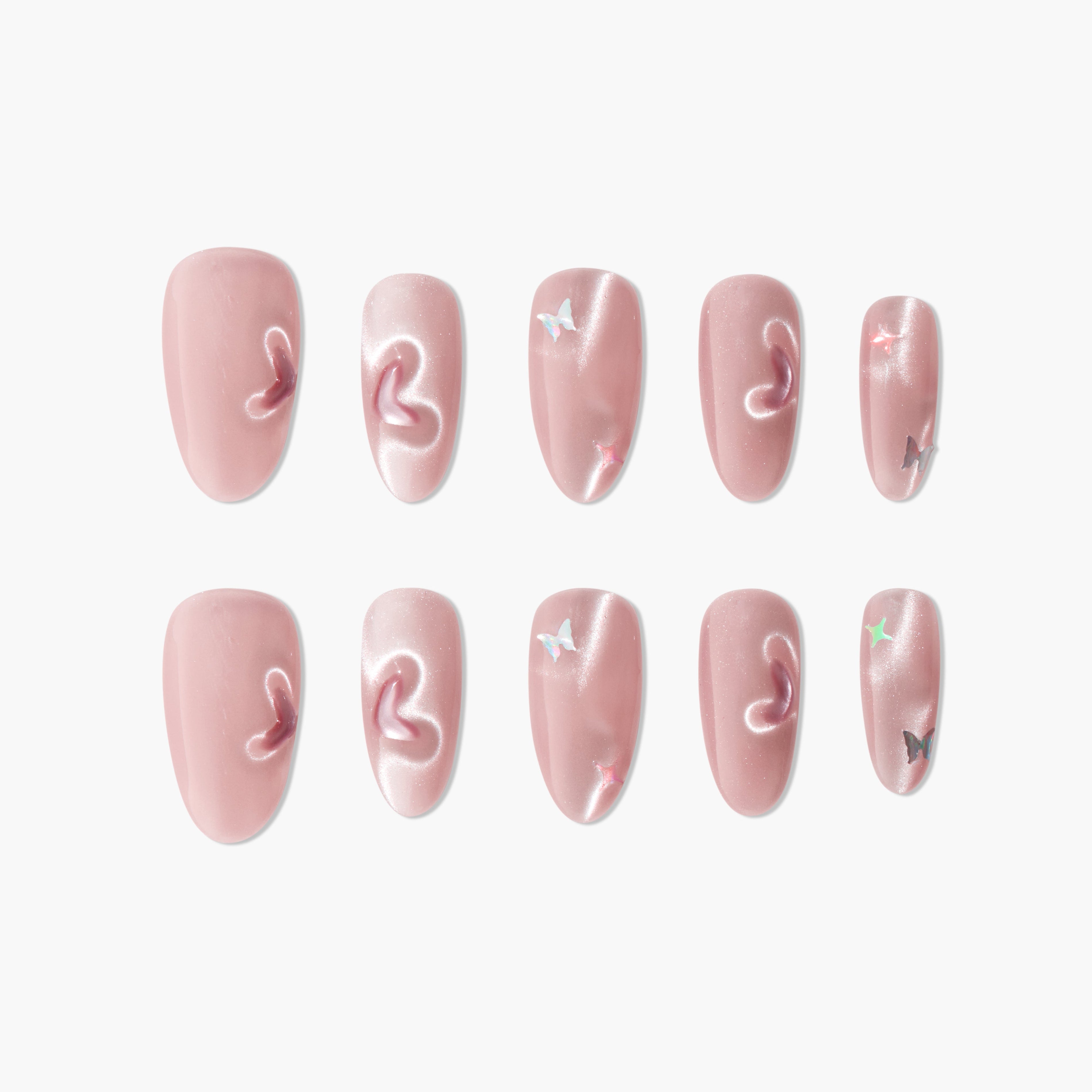 Pink press-on nails with 3D hearts and butterfly accents, glossy salon-quality finish