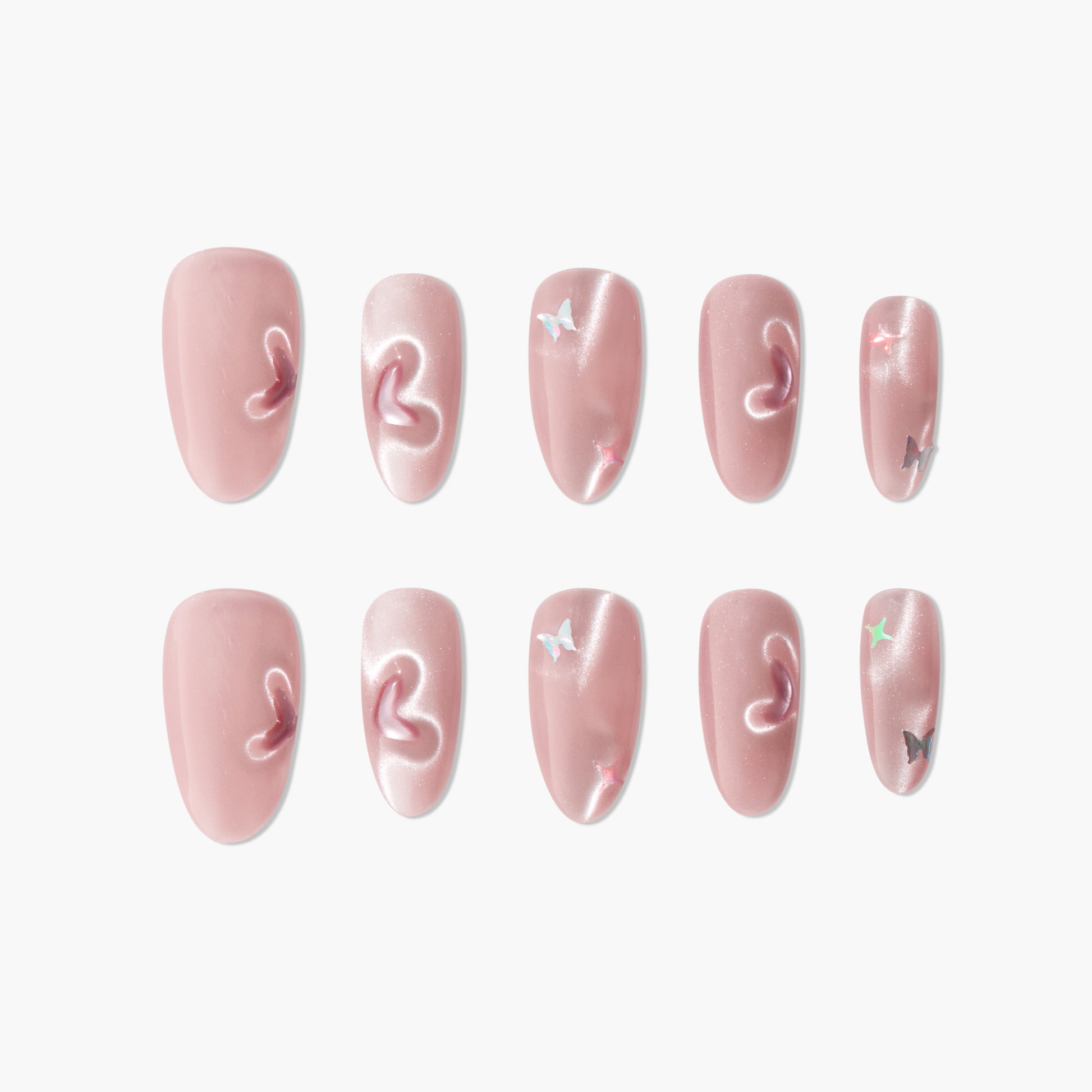 Pink press-on nails with 3D hearts and butterfly accents, glossy salon-quality finish