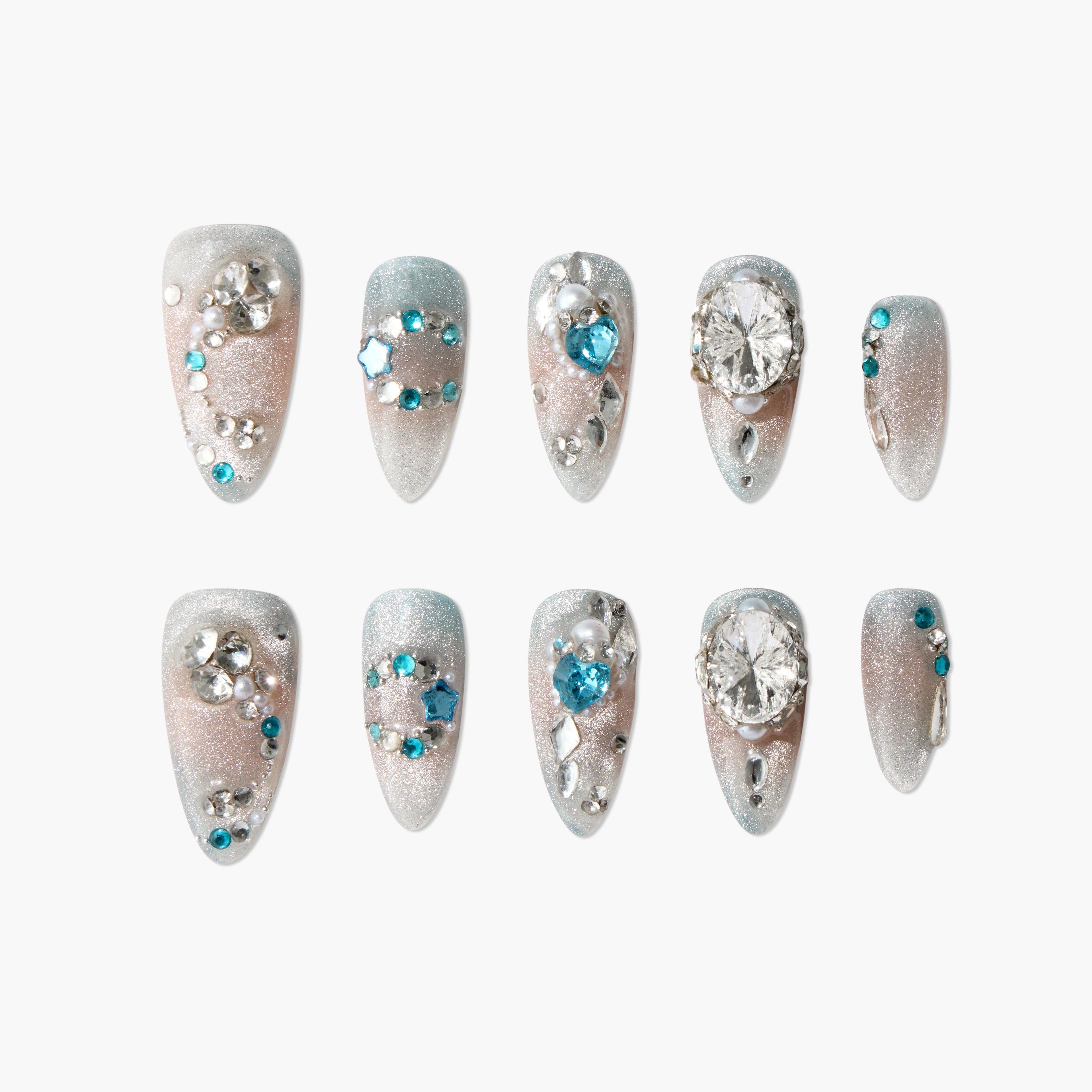 Glitter ombre press-on nails with blue and silver rhinestone 3D jewel accents