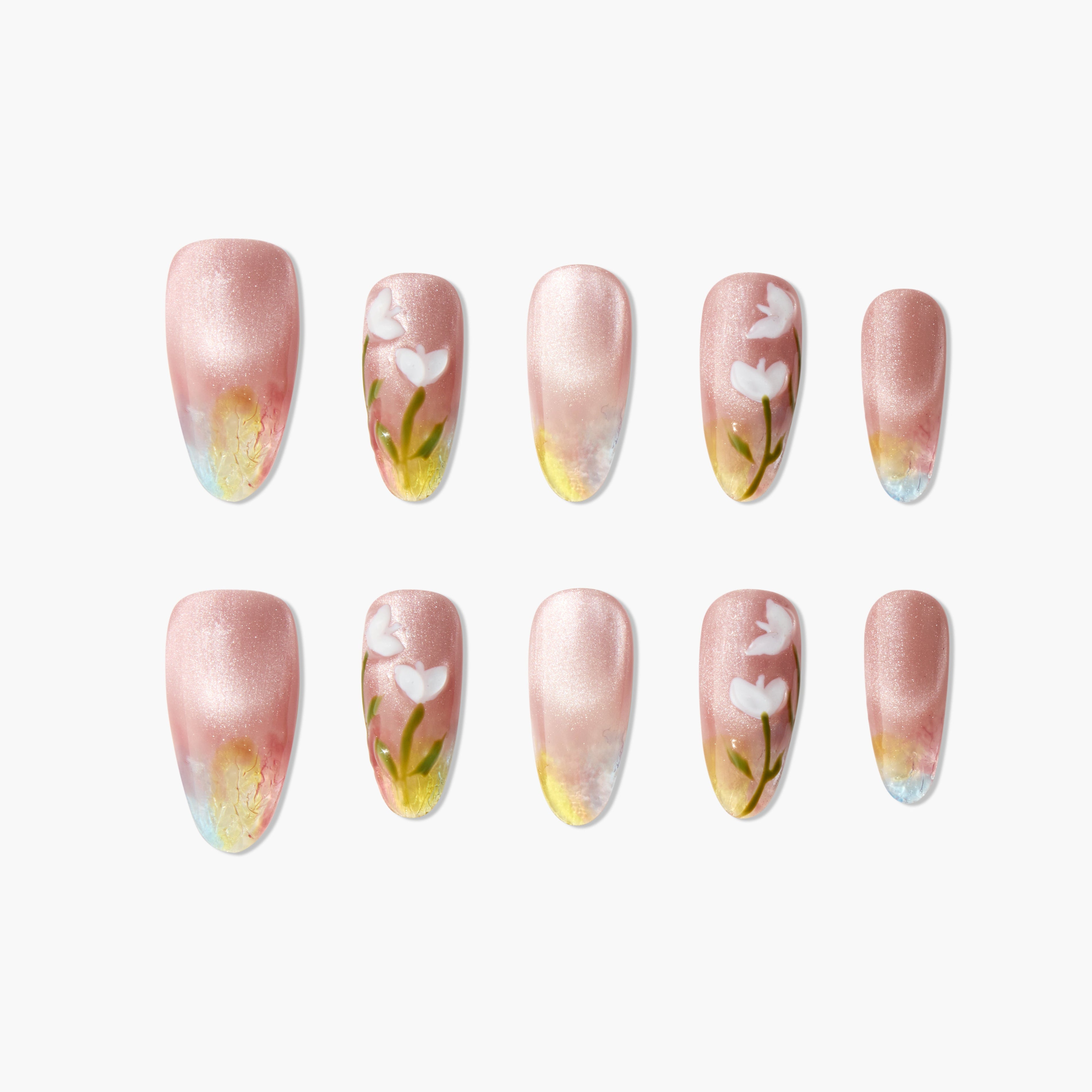 Handmade press-on nails with pink shimmer, floral and pastel yellow-white accents