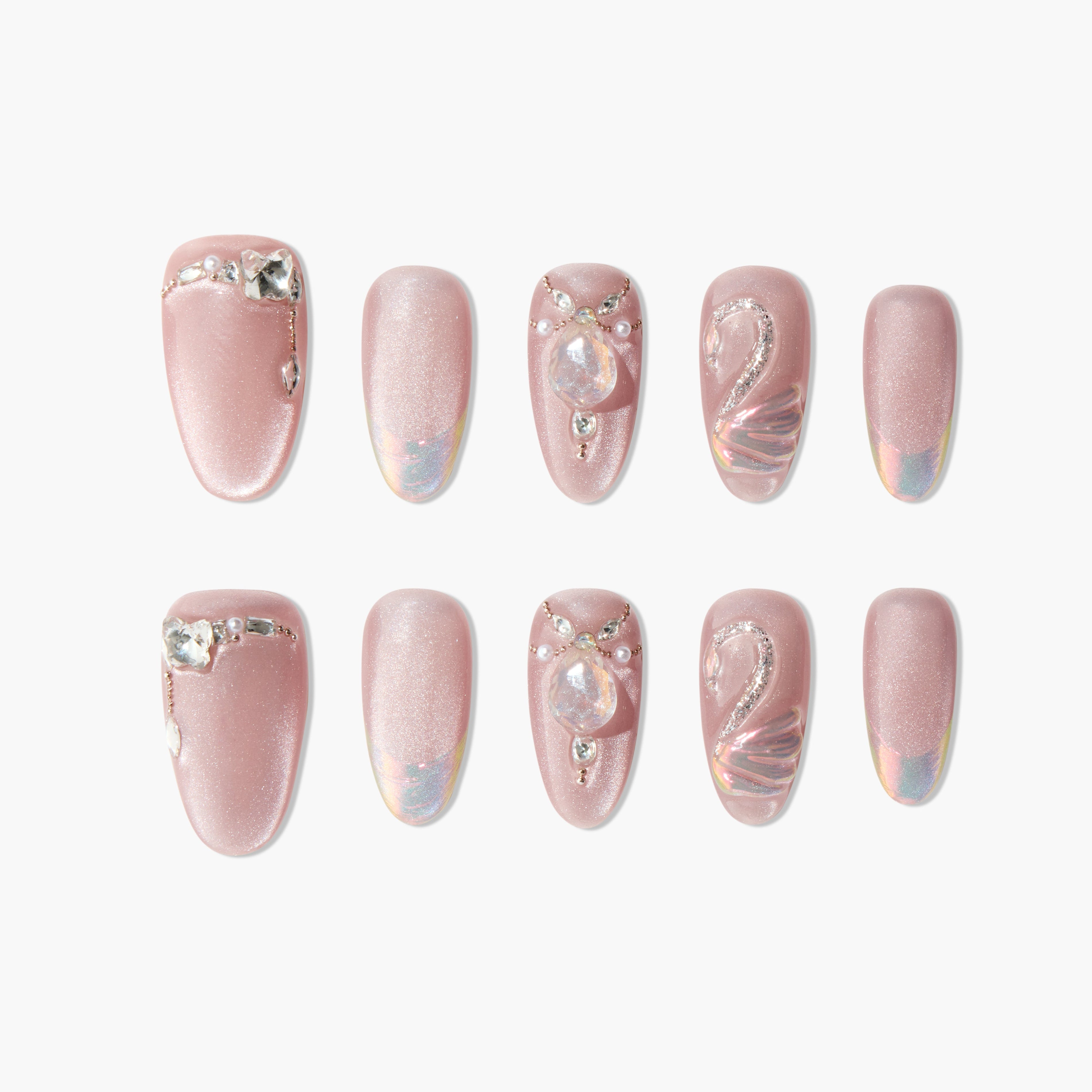 Pink handmade press-on nails with rhinestone and pearl accents, shimmery finish, swan design.