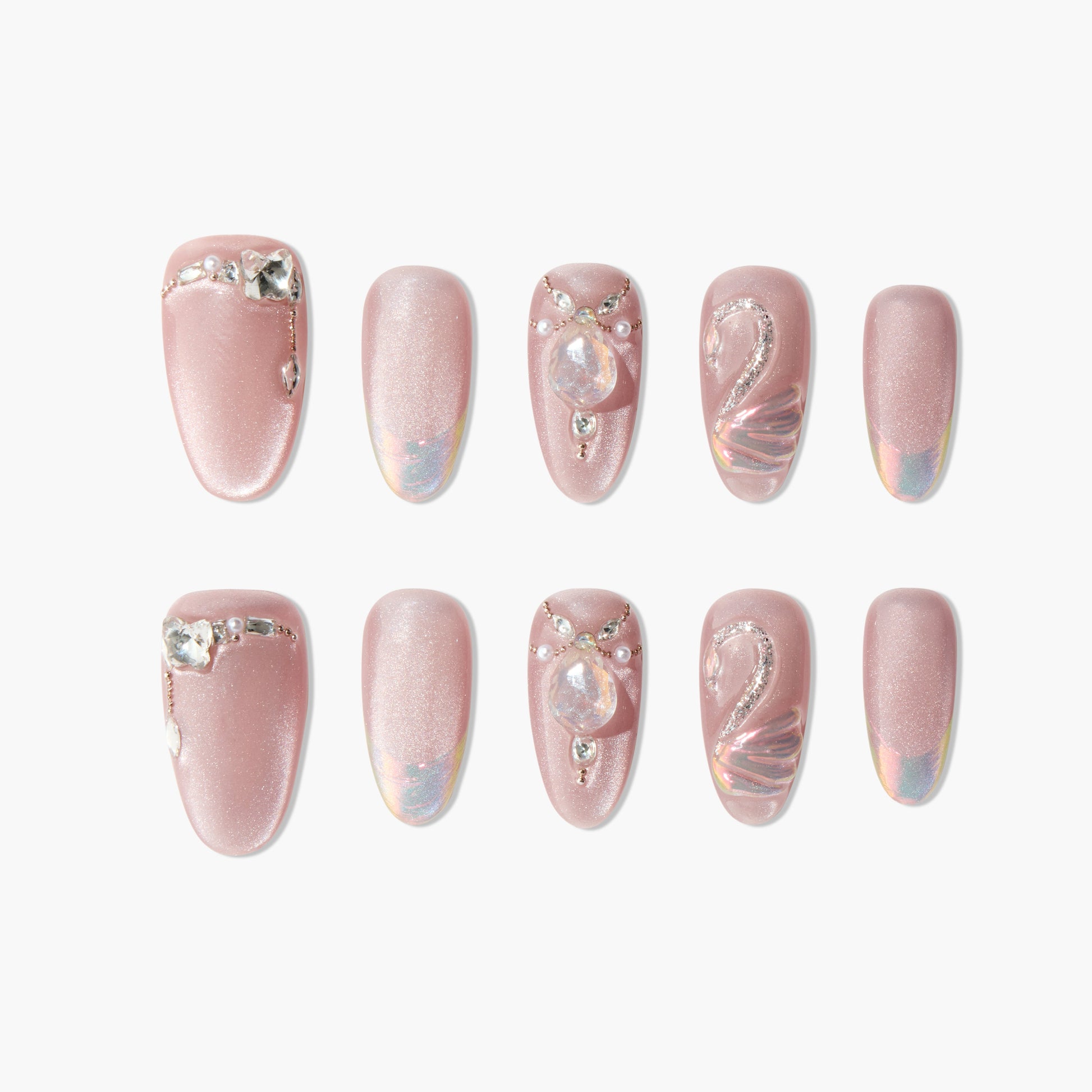 Pink handmade press-on nails with rhinestone and pearl accents, shimmery finish, swan design.