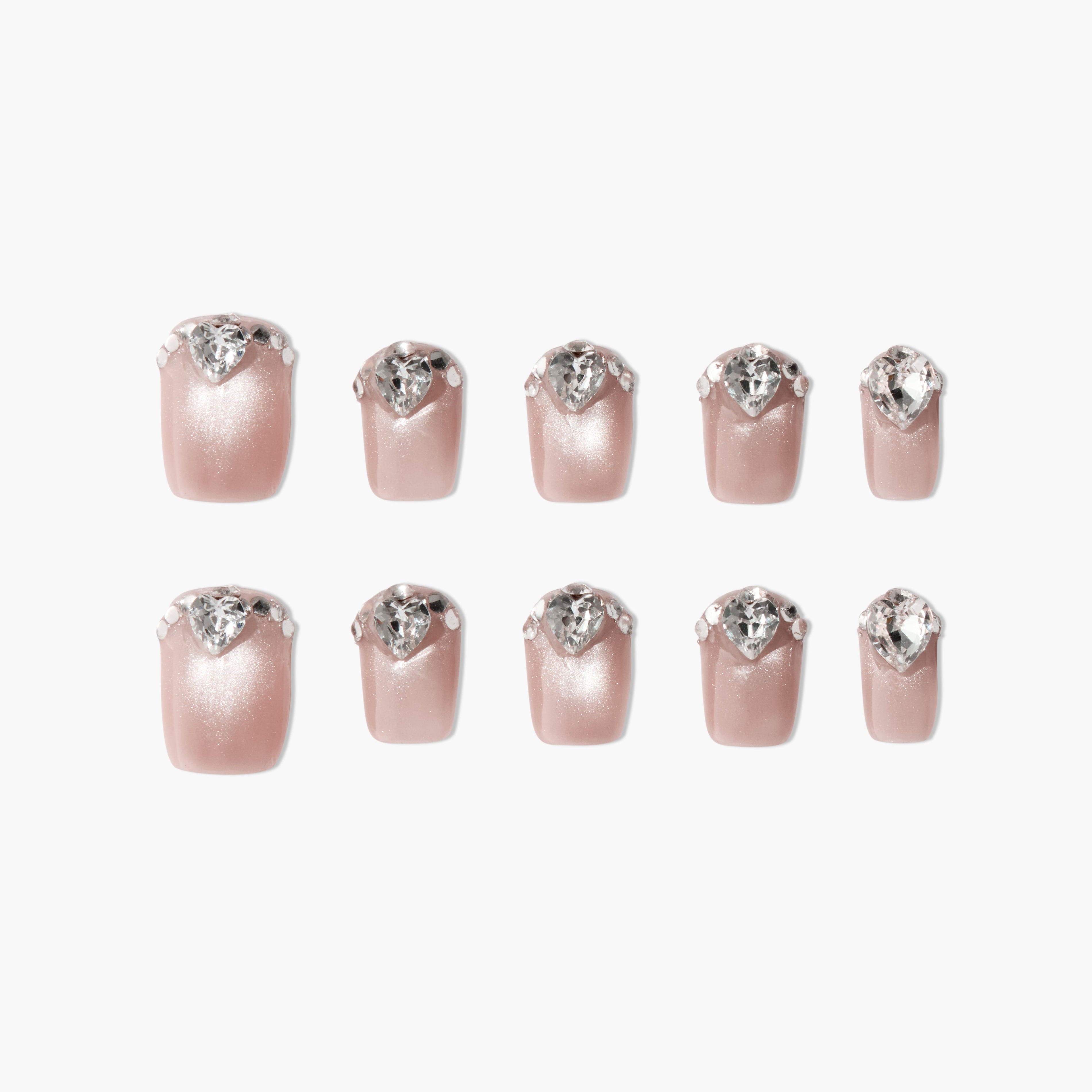 Set of glossy pink press-on nails with diamond-shaped rhinestone accents, elegant design