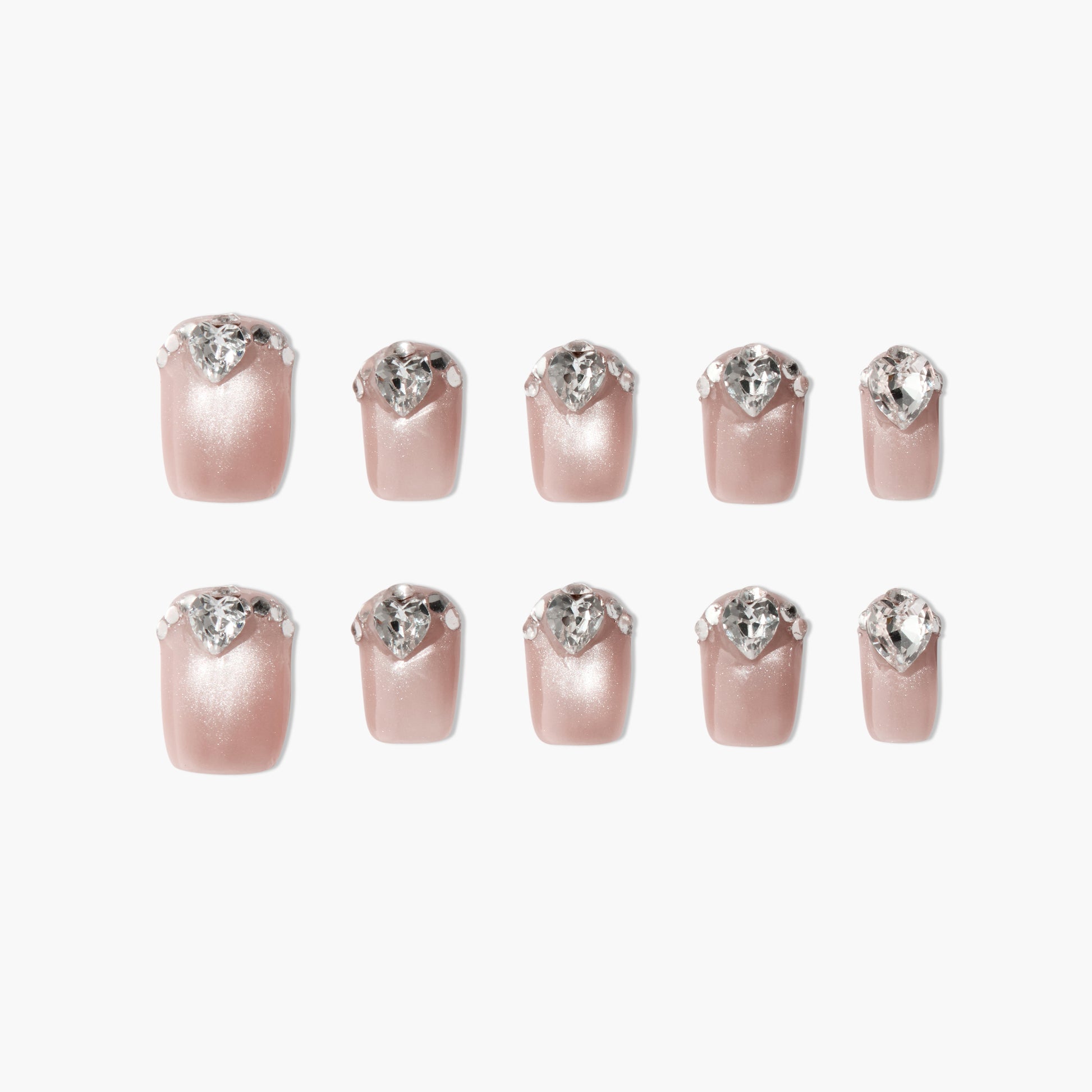 Set of glossy pink press-on nails with diamond-shaped rhinestone accents, elegant design