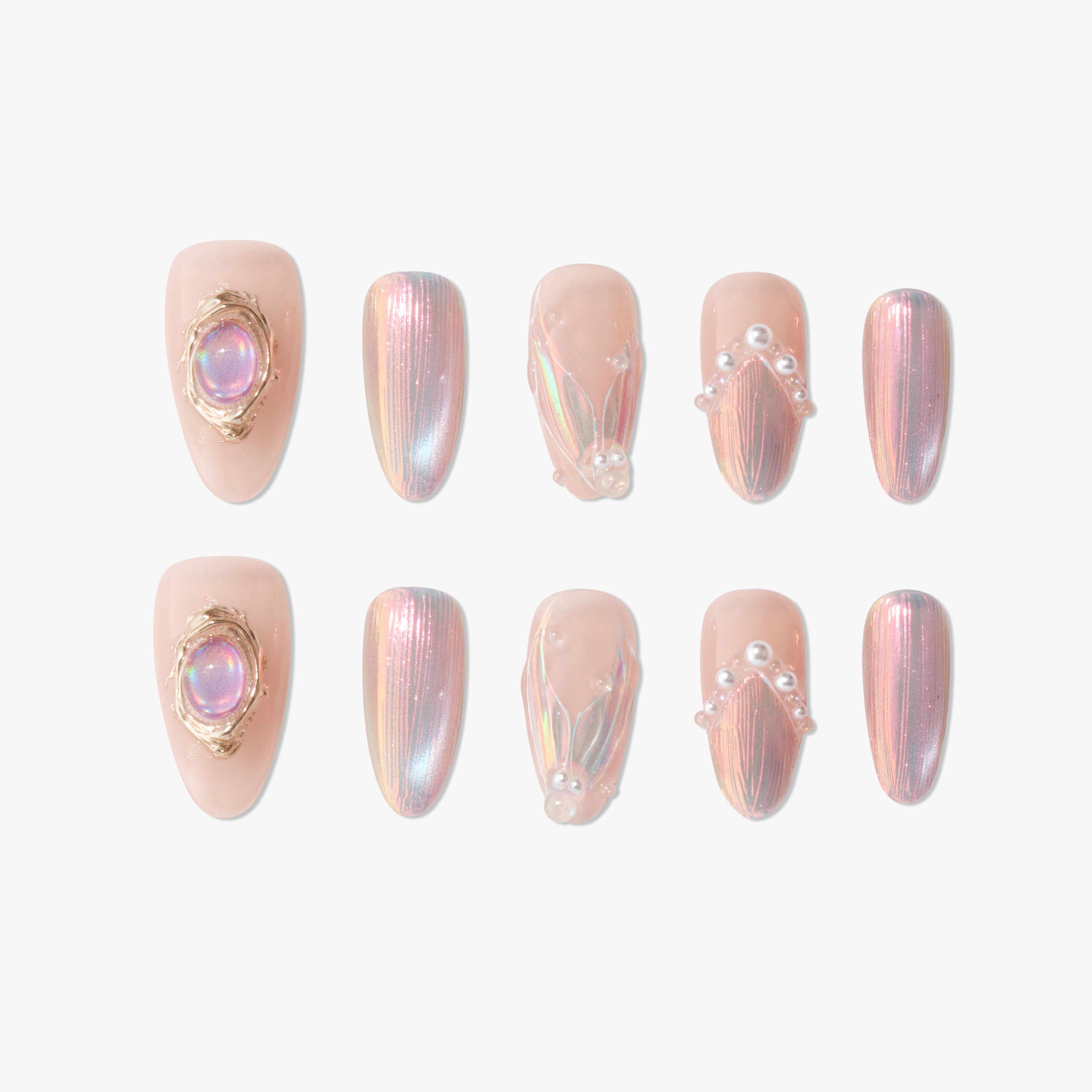 Handmade iridescent pink press-on nails with pearl and gem accents, elegant nail art set.