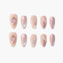 Handmade iridescent pink press-on nails with pearl and gem accents, elegant nail art set.