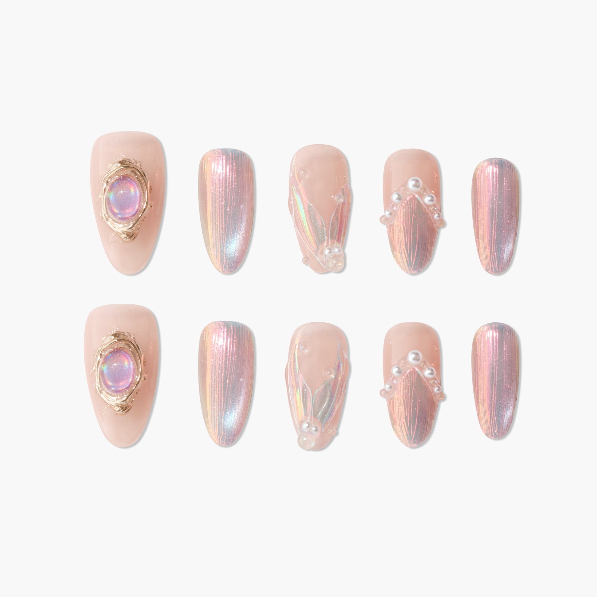 Handmade iridescent pink press-on nails with pearl and gem accents, elegant nail art set.