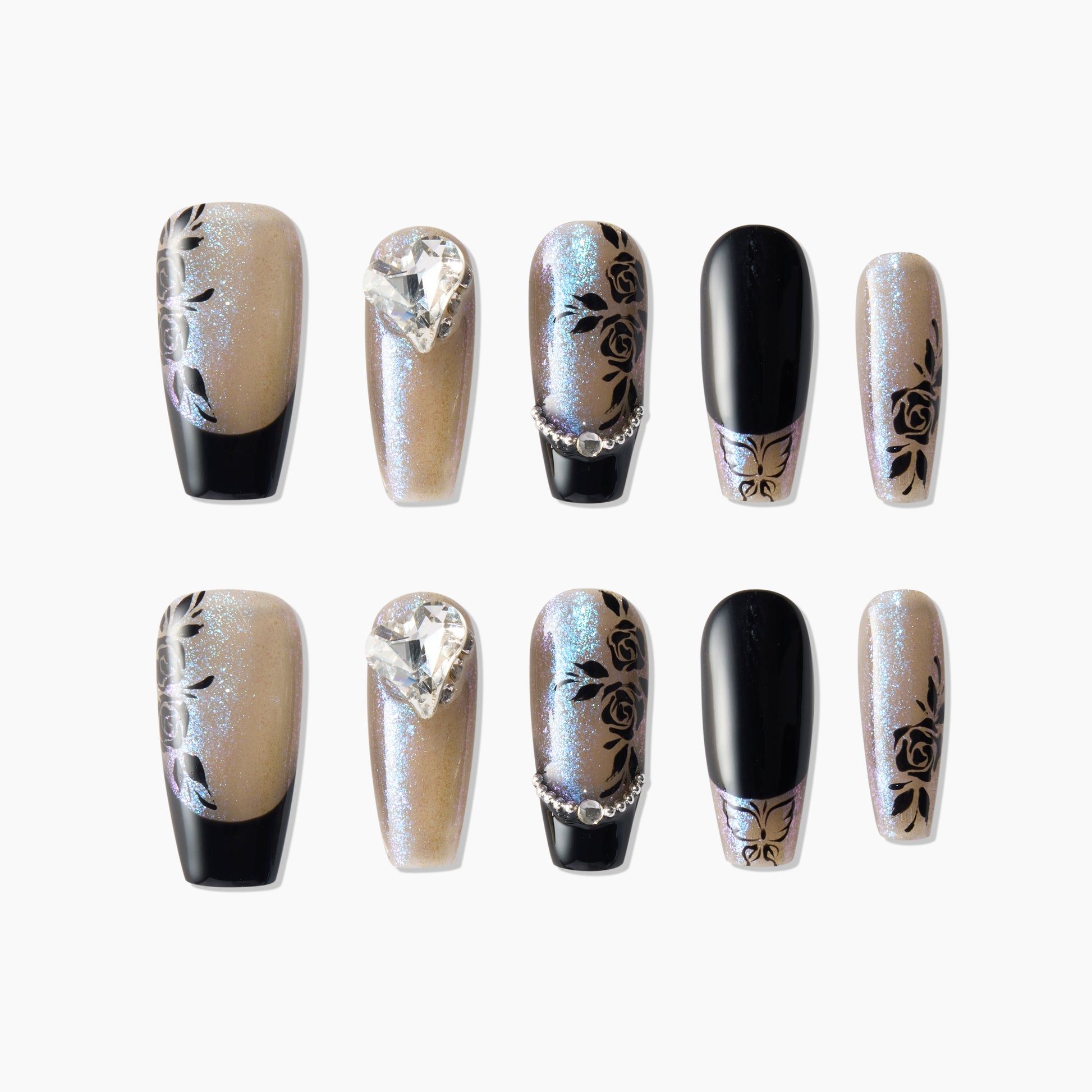Black and glitter press-on nails with rose designs, rhinestone and chain accents, coffin shape