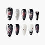 Handmade press-on nails with black, white, and silver galaxy theme, star and heart accents