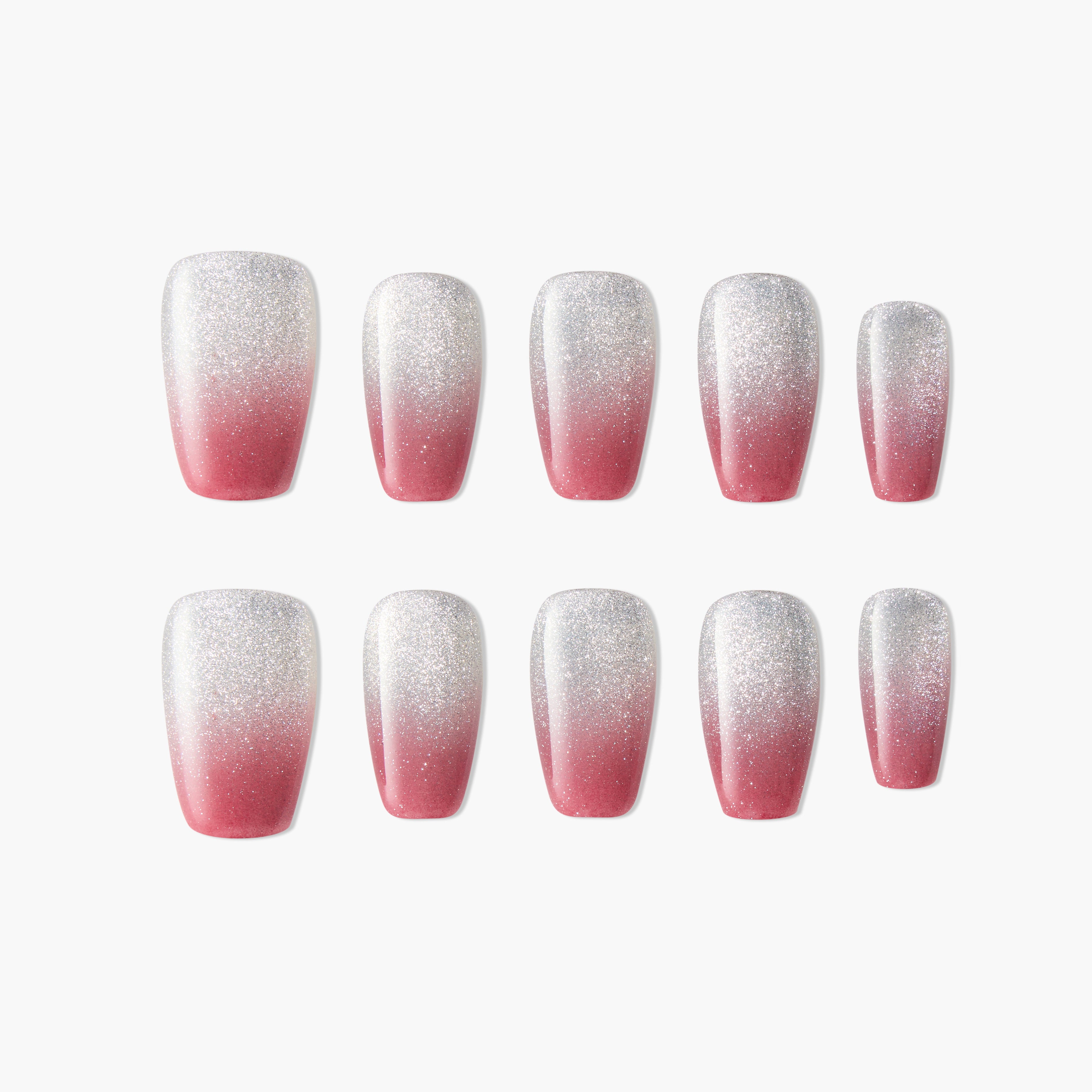 Handmade press-on nails with pink and silver glitter ombre design, set of ten.
