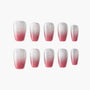 Handmade press-on nails with pink and silver glitter ombre design, set of ten.