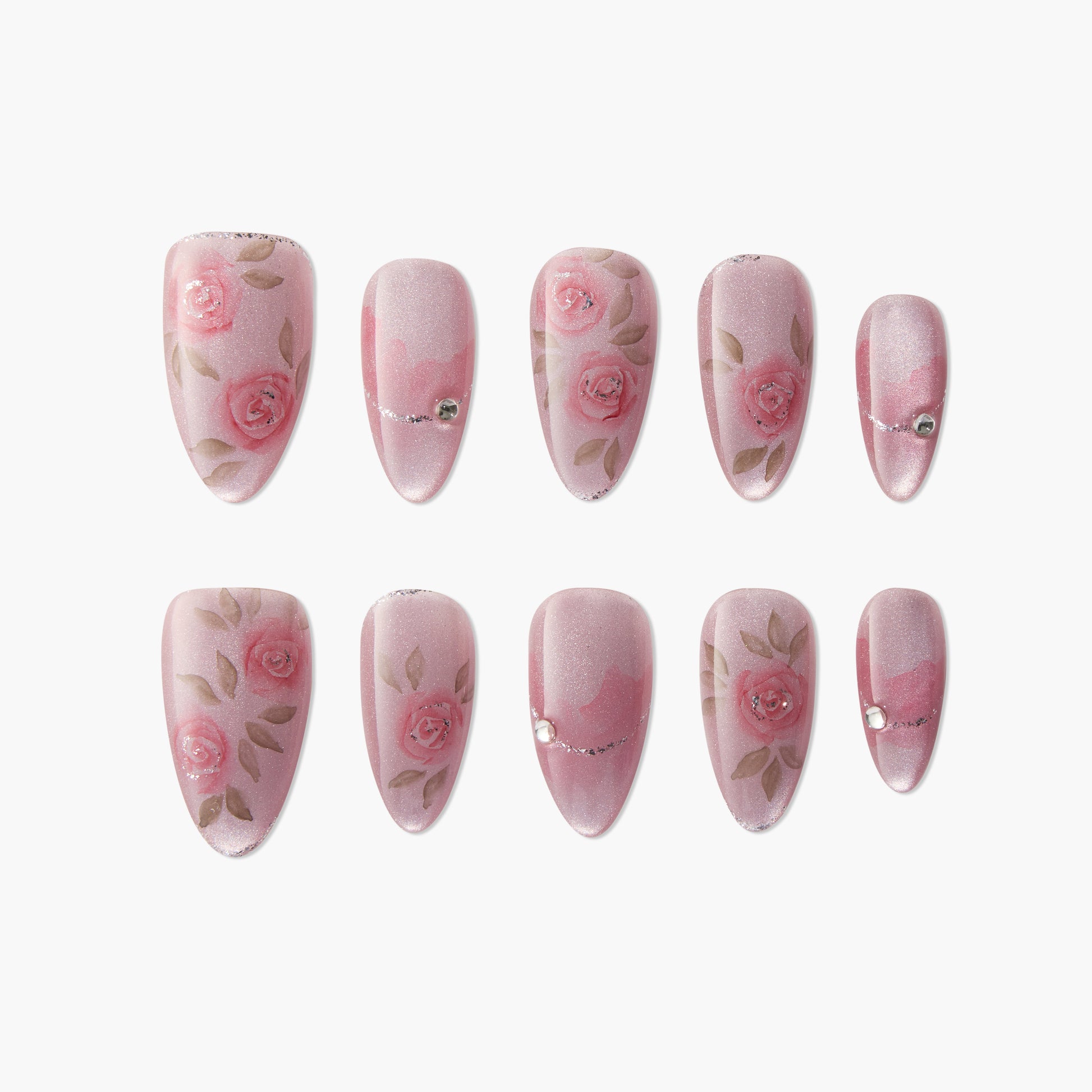 Handmade pink press-on nails with floral rose designs and subtle rhinestone accents