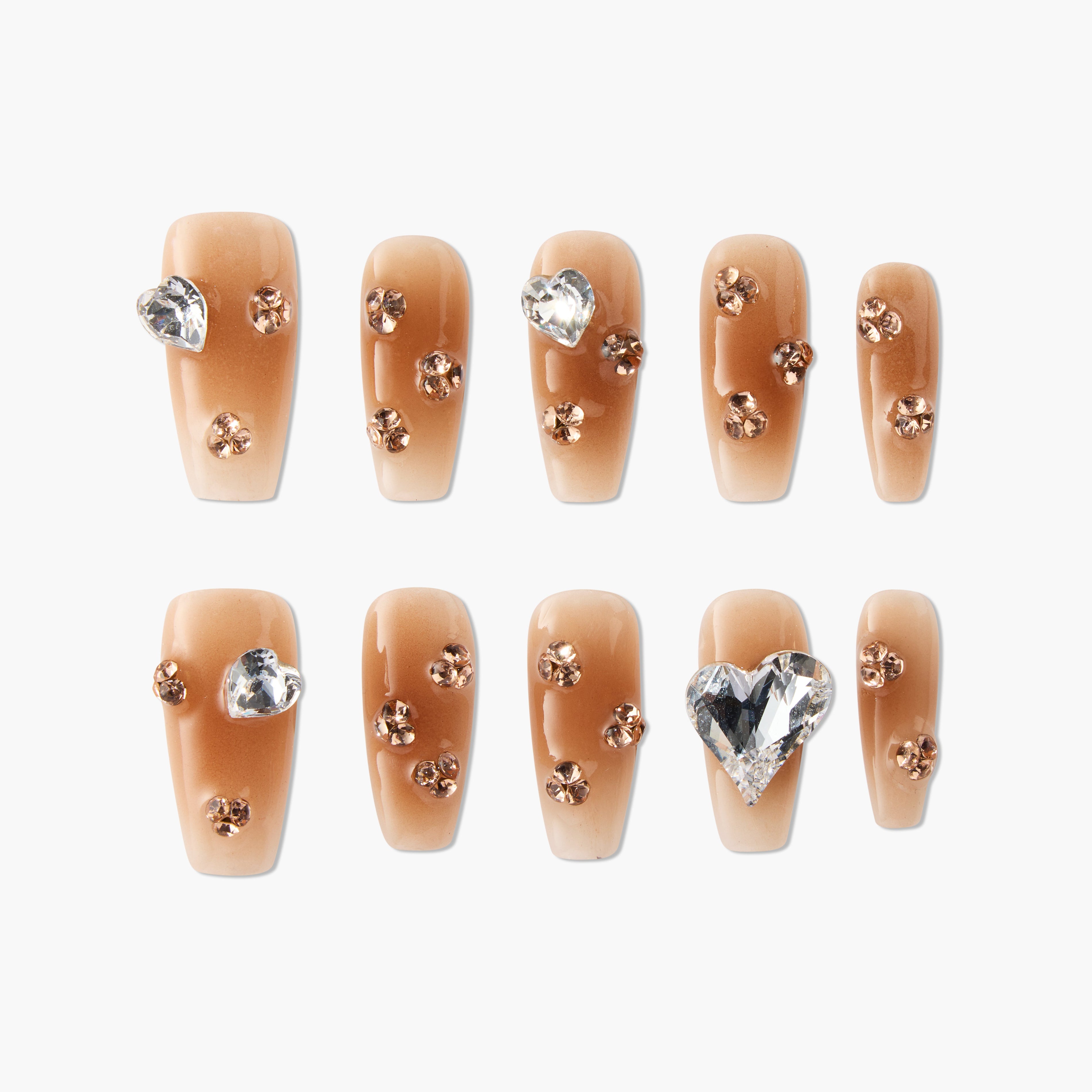 Set of brown ombre press-on nails with rhinestone and heart-shaped gem accents