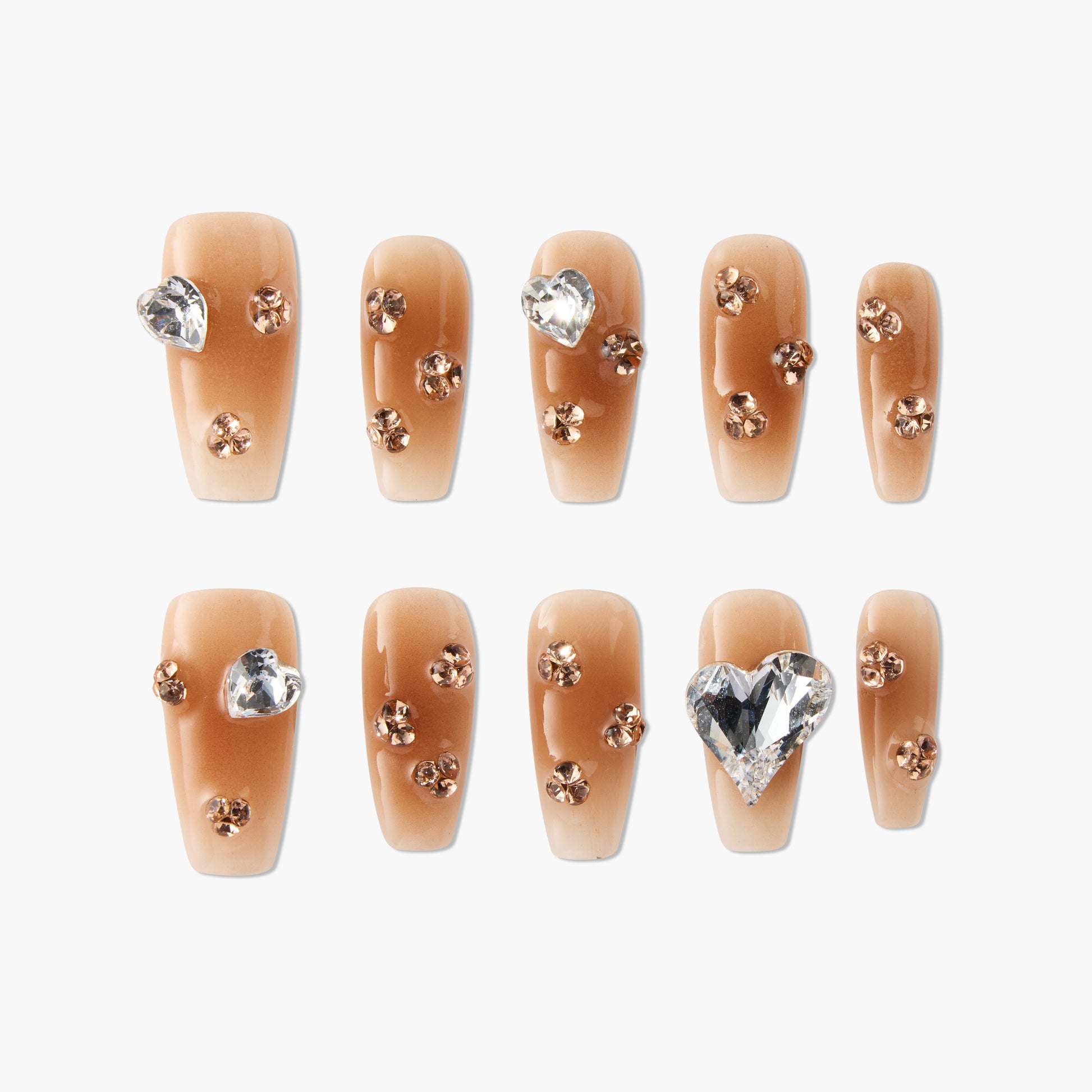 Set of brown ombre press-on nails with rhinestone and heart-shaped gem accents