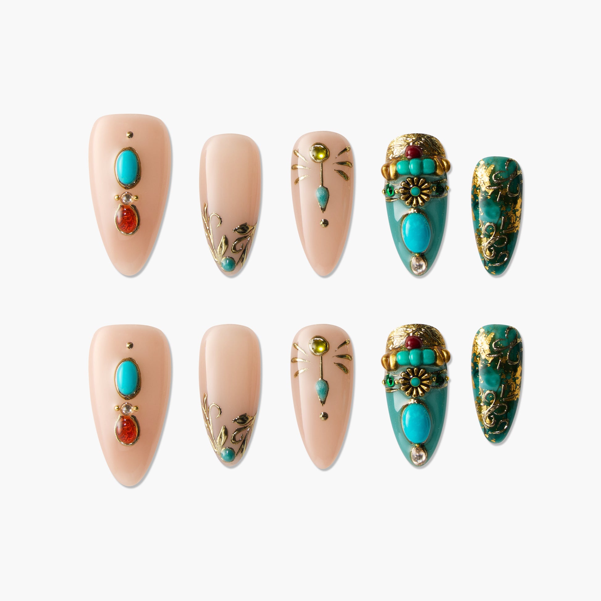 Handmade press-on nails with nude, turquoise, and gold jeweled designs, floral accents