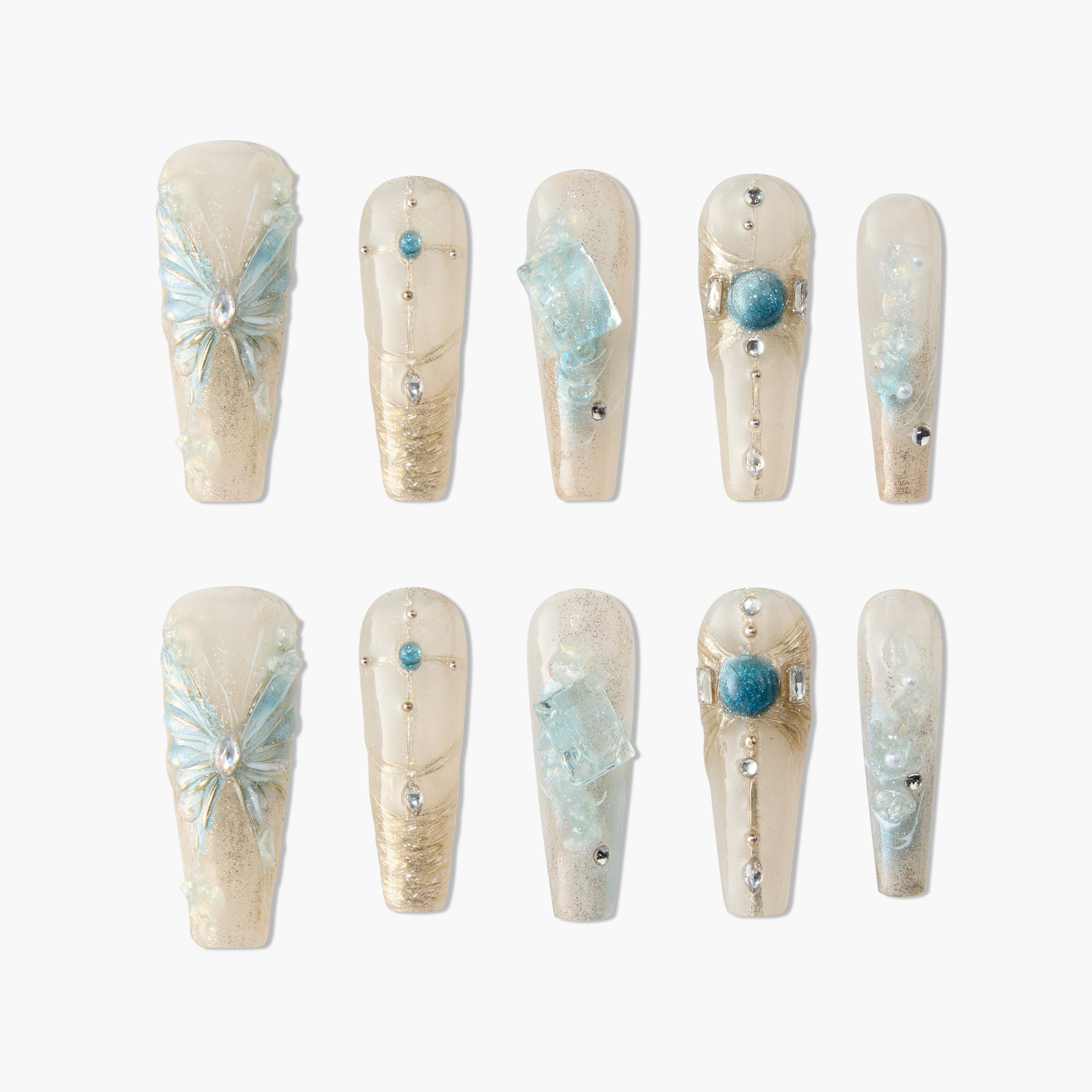 Handmade press-on nails with 3D blue butterfly, pearl, gemstone, and gold foil accents