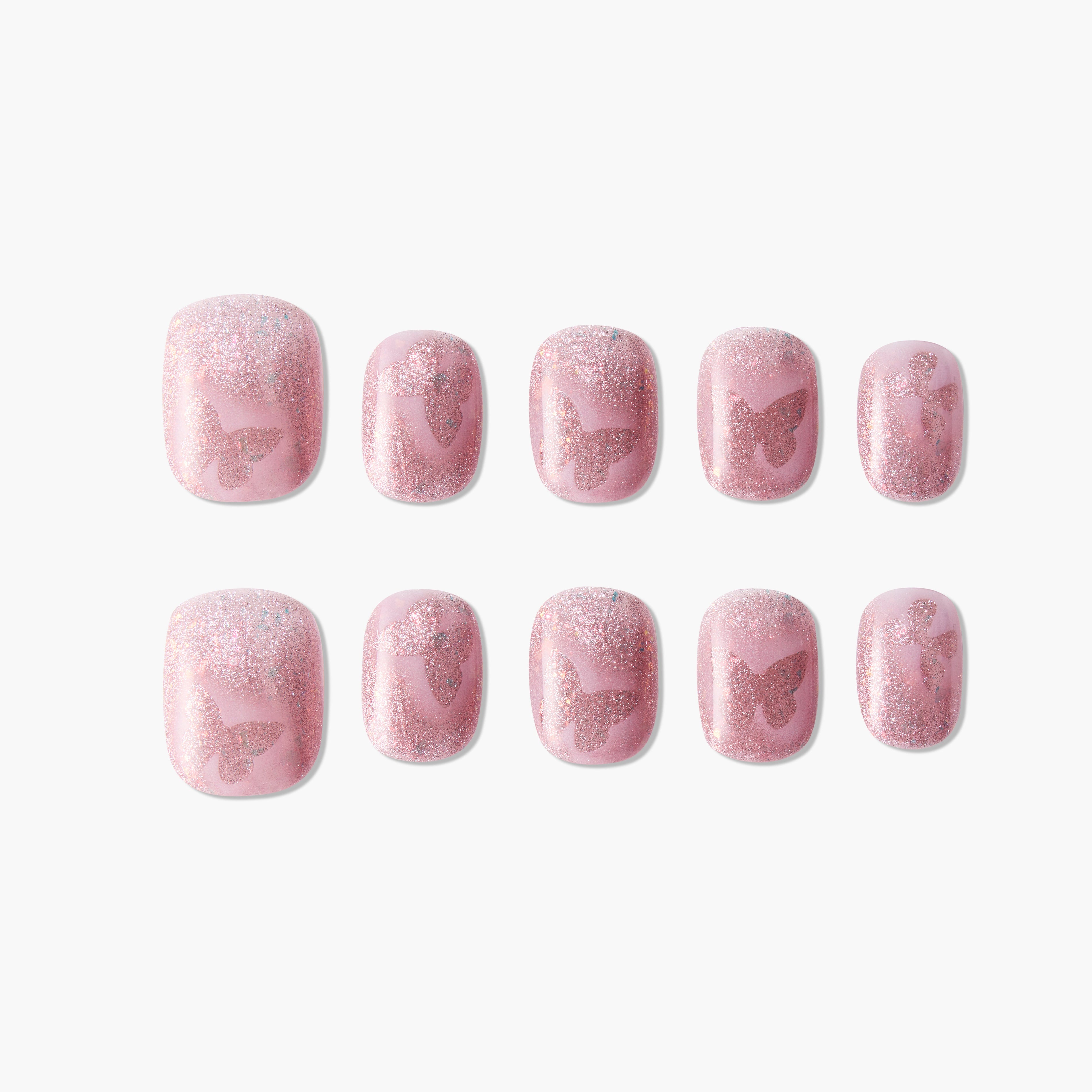 Pink glitter press-on nails with butterfly designs, salon-quality reusable nail set