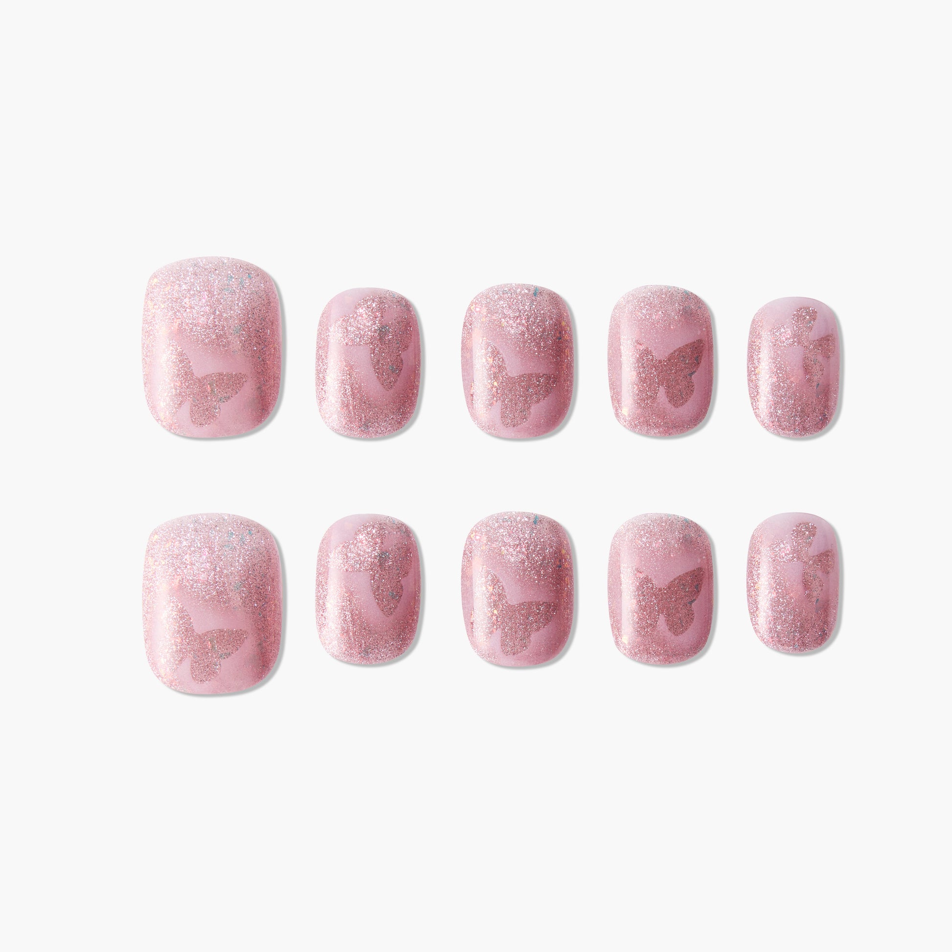 Pink glitter press-on nails with butterfly designs, salon-quality reusable nail set