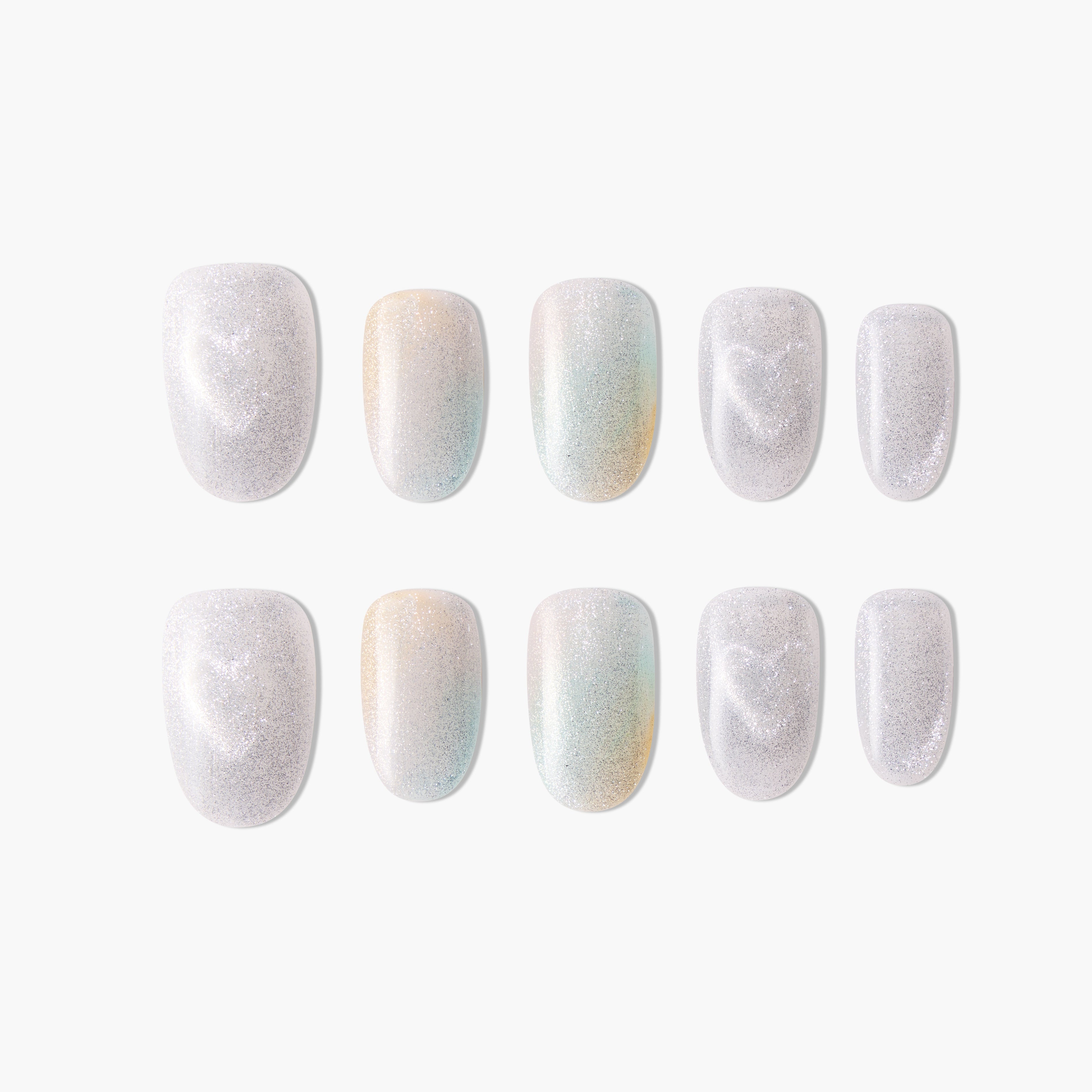 Handmade press-on nails with silver shimmer and pastel iridescent gradient design