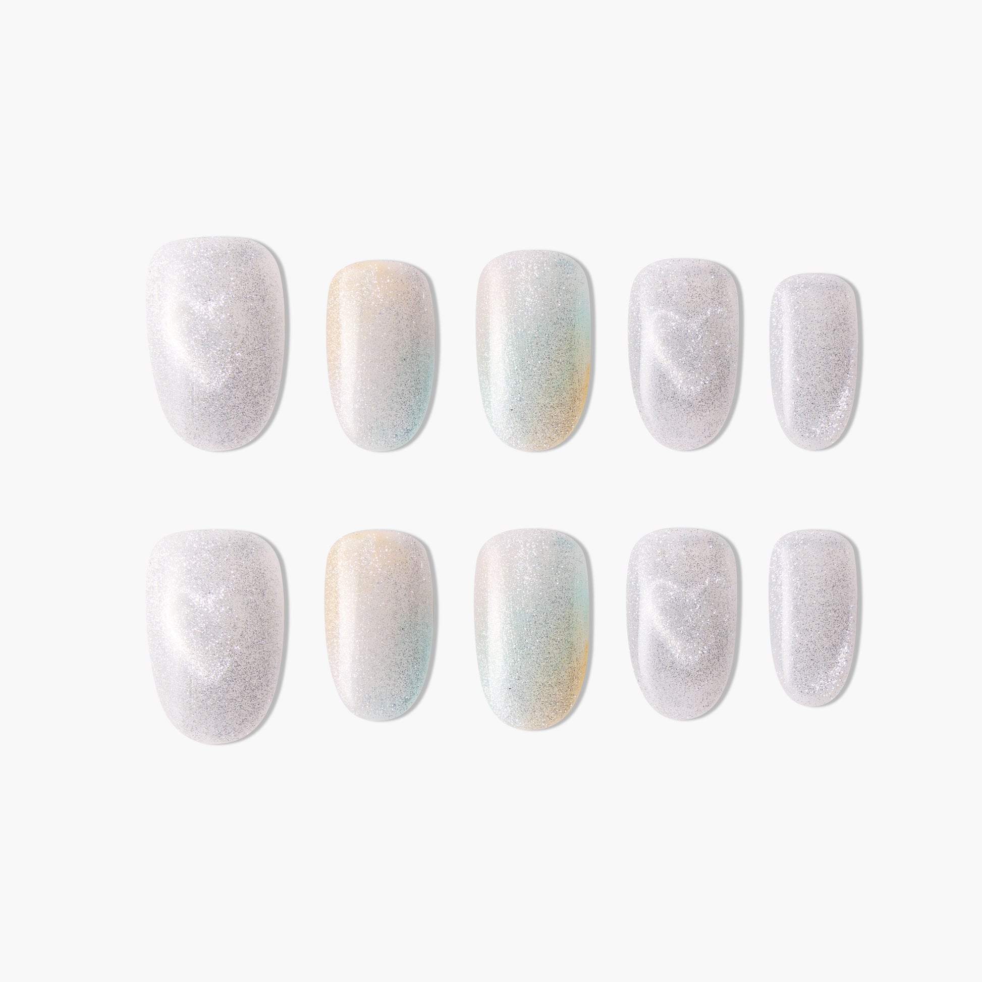 Handmade press-on nails with silver shimmer and pastel iridescent gradient design