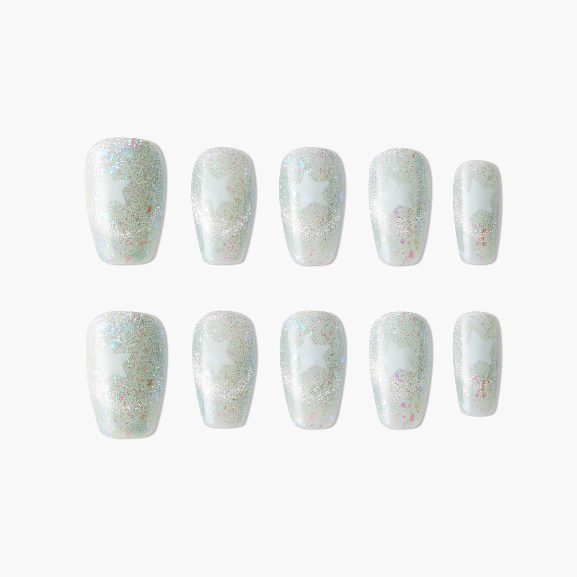 Iridescent press-on nails with white star design and glitter, arranged on white background