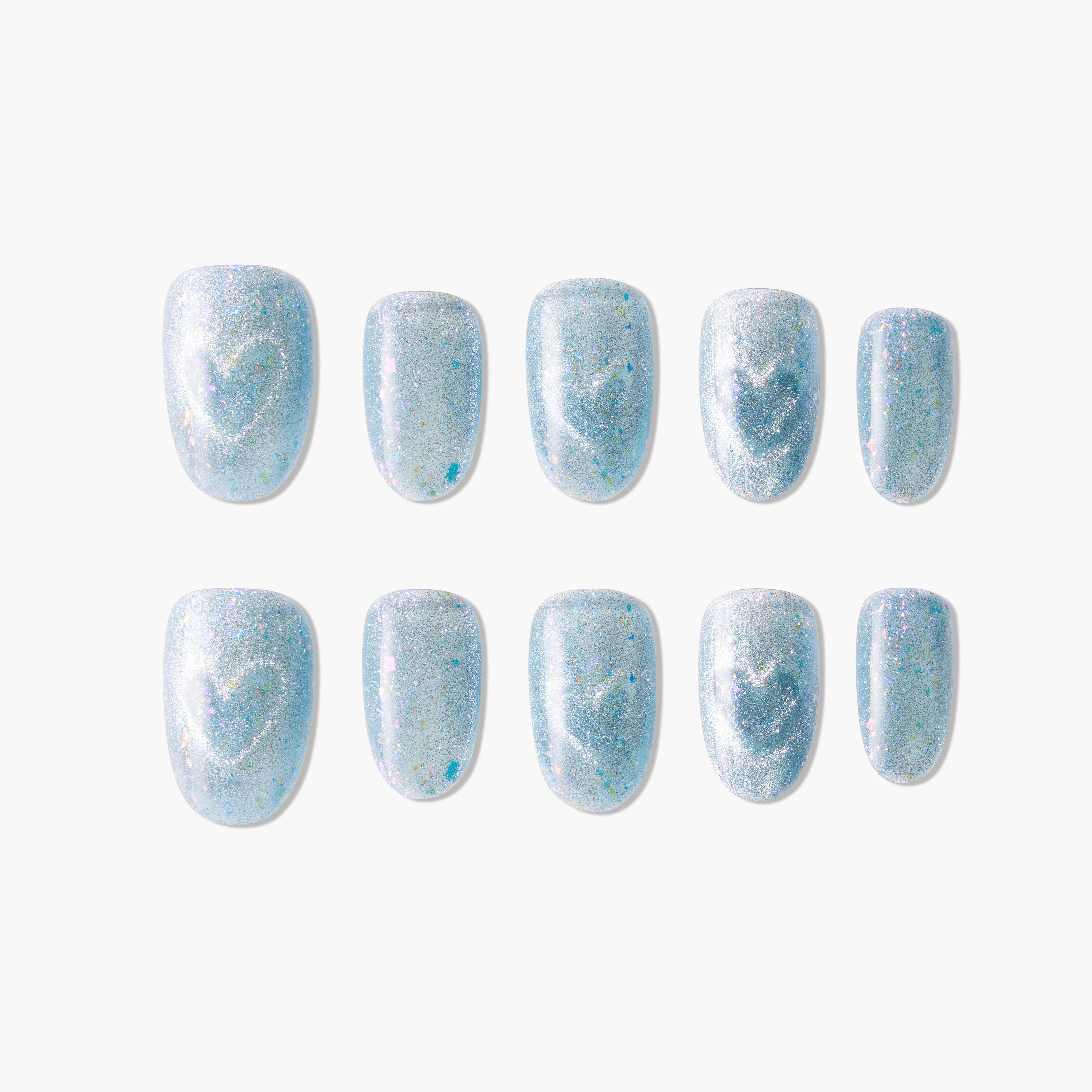 Handmade blue glitter press-on nails set with iridescent shimmer and heart details