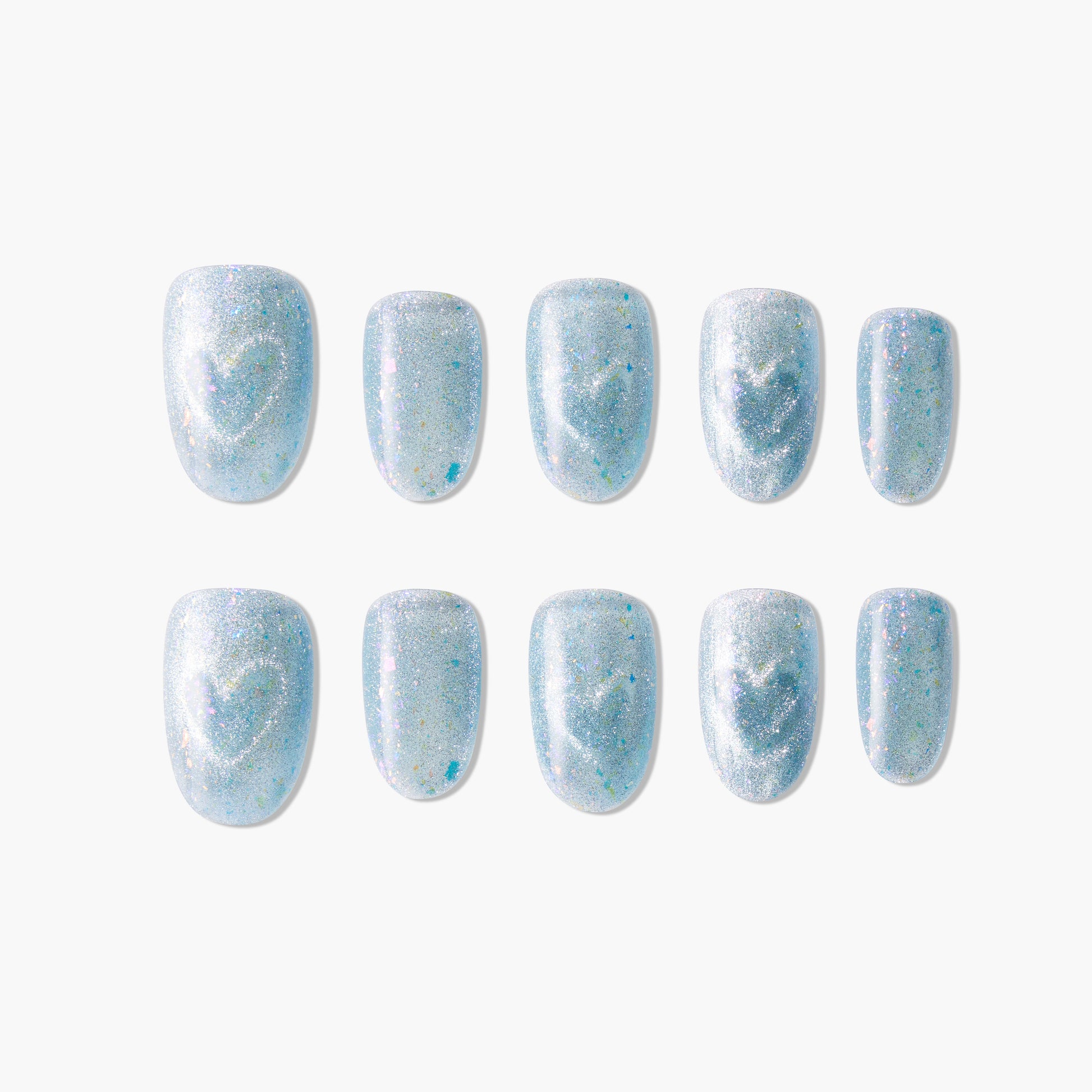 Handmade blue glitter press-on nails set with iridescent shimmer and heart details