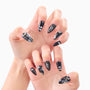Black floral press-on nails with pearl accents displayed on hands, almond shape, elegant design