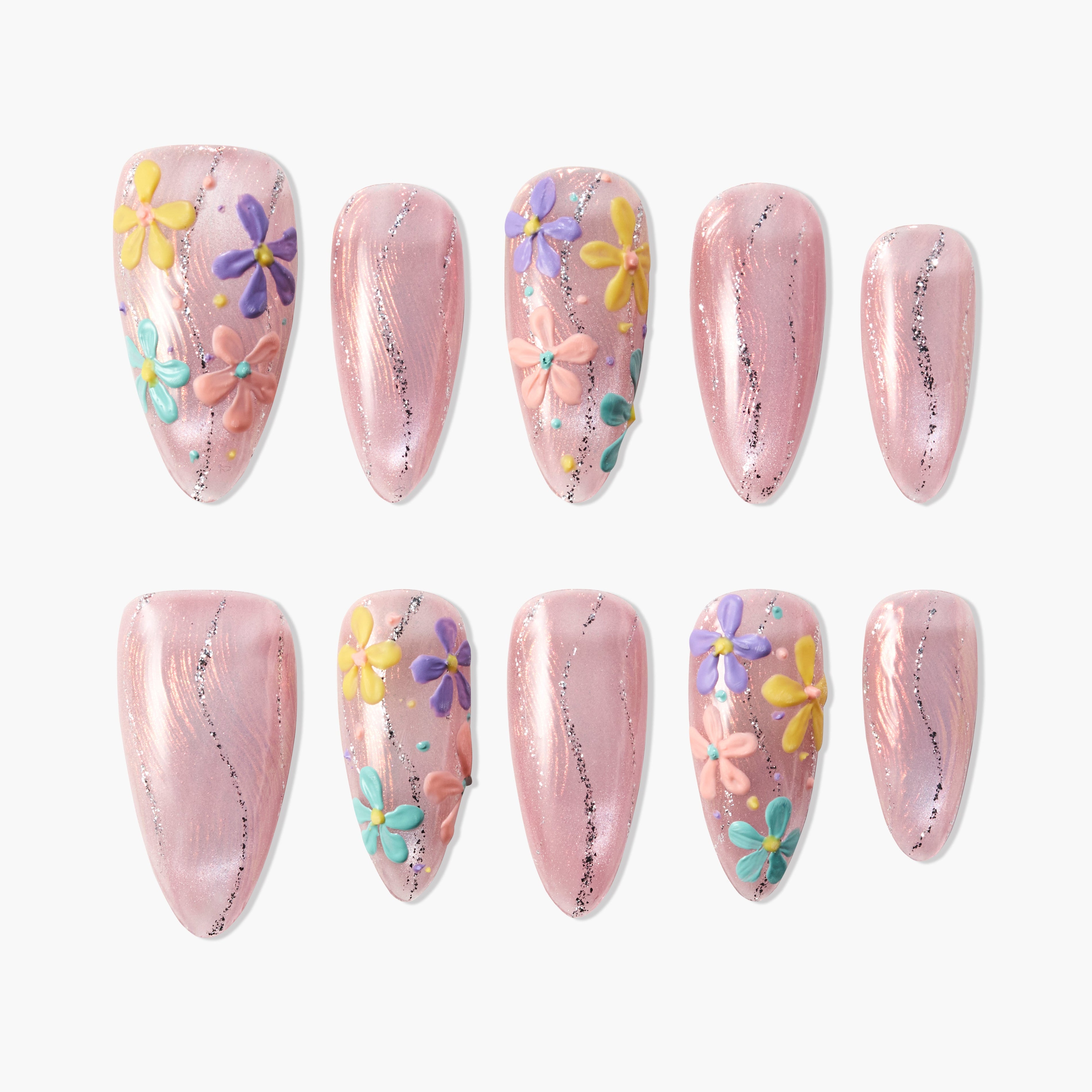 Handmade pink press-on nails with colorful 3D floral designs and glitter accents