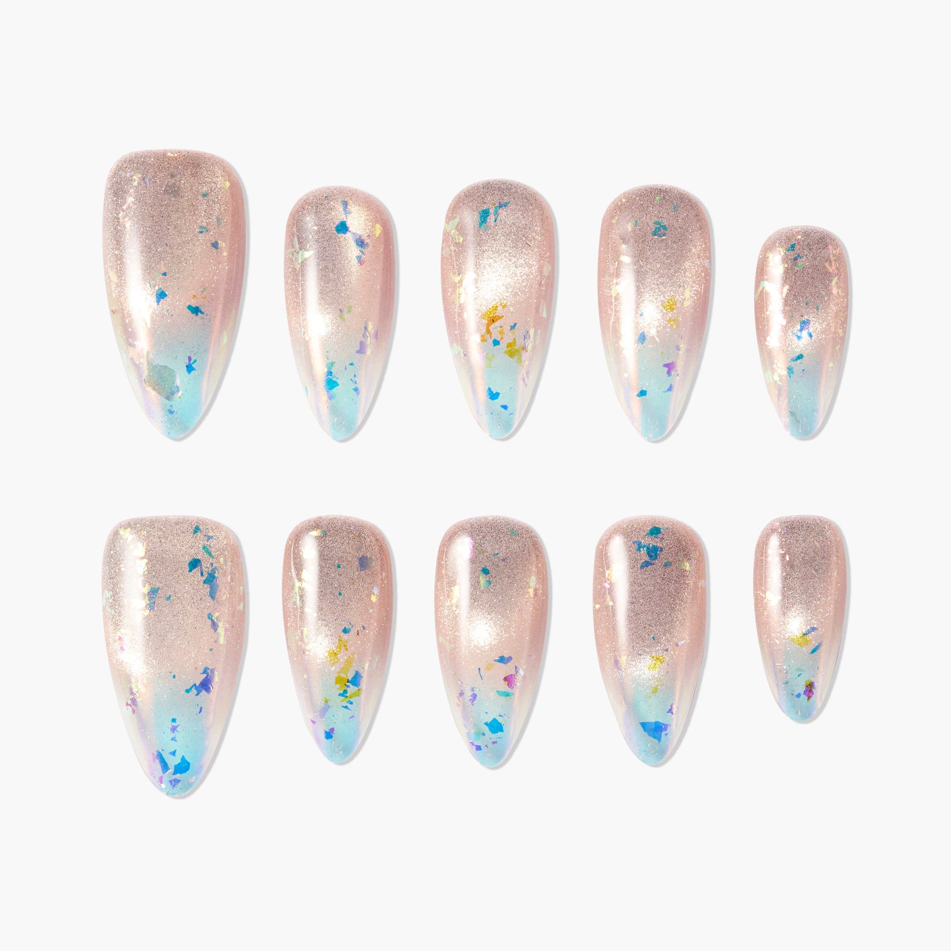 Handmade press-on nails with nude shimmer, blue gradient tips, and iridescent foil accents