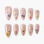 Handmade press-on nails with nude base and colorful dried flower designs, floral nail art set
