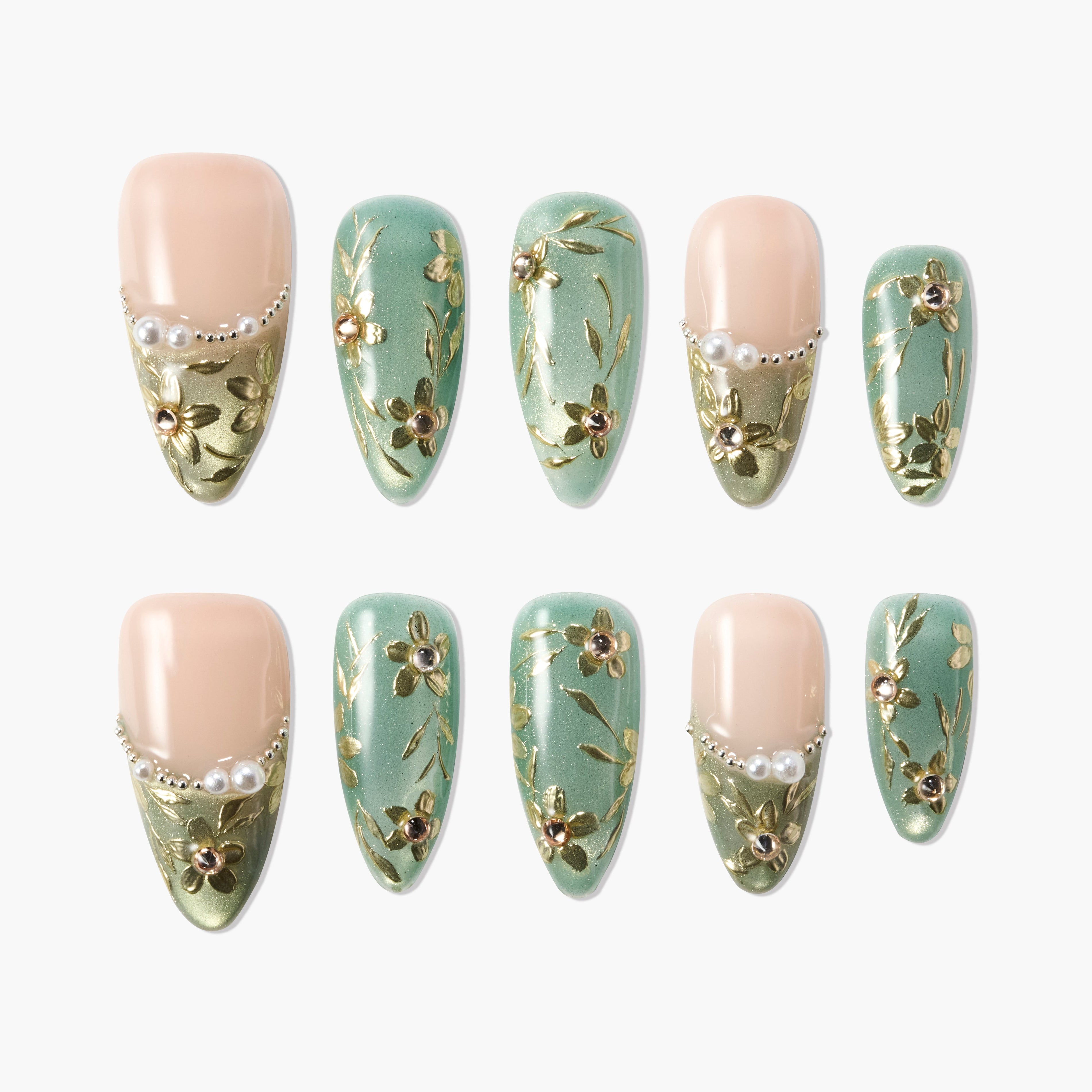 Green and gold floral press-on nails with gold accents and pearl embellishments